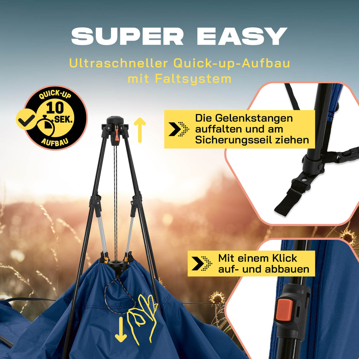 Pop up Pavillon - Blau mit ultraschnellem Quick-up-Aufbau in 10 Sekunden, wetterfest und mit einfachem Faltmechanismus.