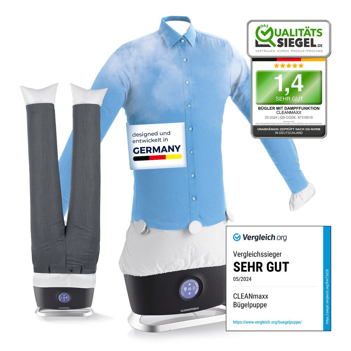 Hemdenbügler PRO STEAM mit Hosenaufsatz – vollautomatisches Bügeln, Trocknen und Auffrischen von Hemden und Hosen.