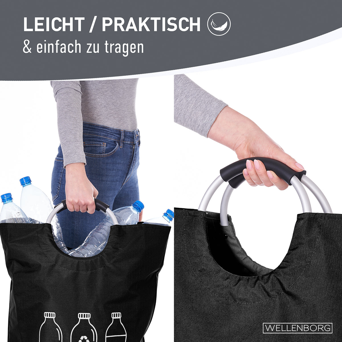 Faltbarer Pfandflaschen Sammelbehälter - Grau mit Tragegriffen, leicht und praktisch für Flaschen und Dosen bis 82 Liter Volumen.