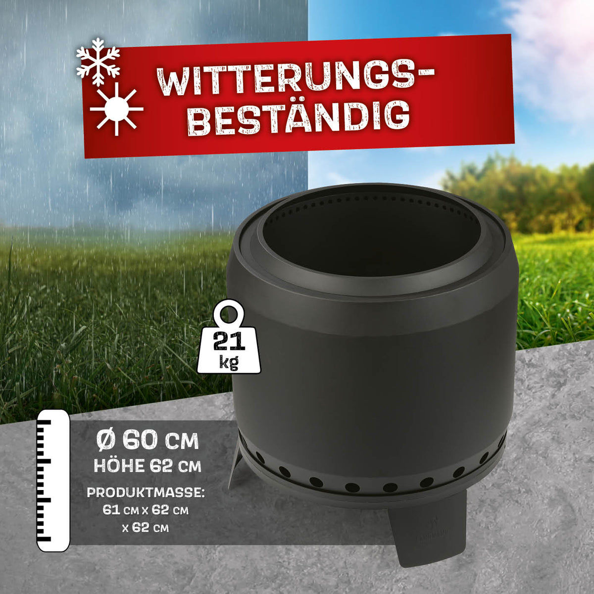 Raucharmer Feuerkorb Ø 60 cm - rund - schwarz, wetterfester doppelwandiger Feuerkorb mit 360°-Luftzirkulation, robust und wetterbeständig.