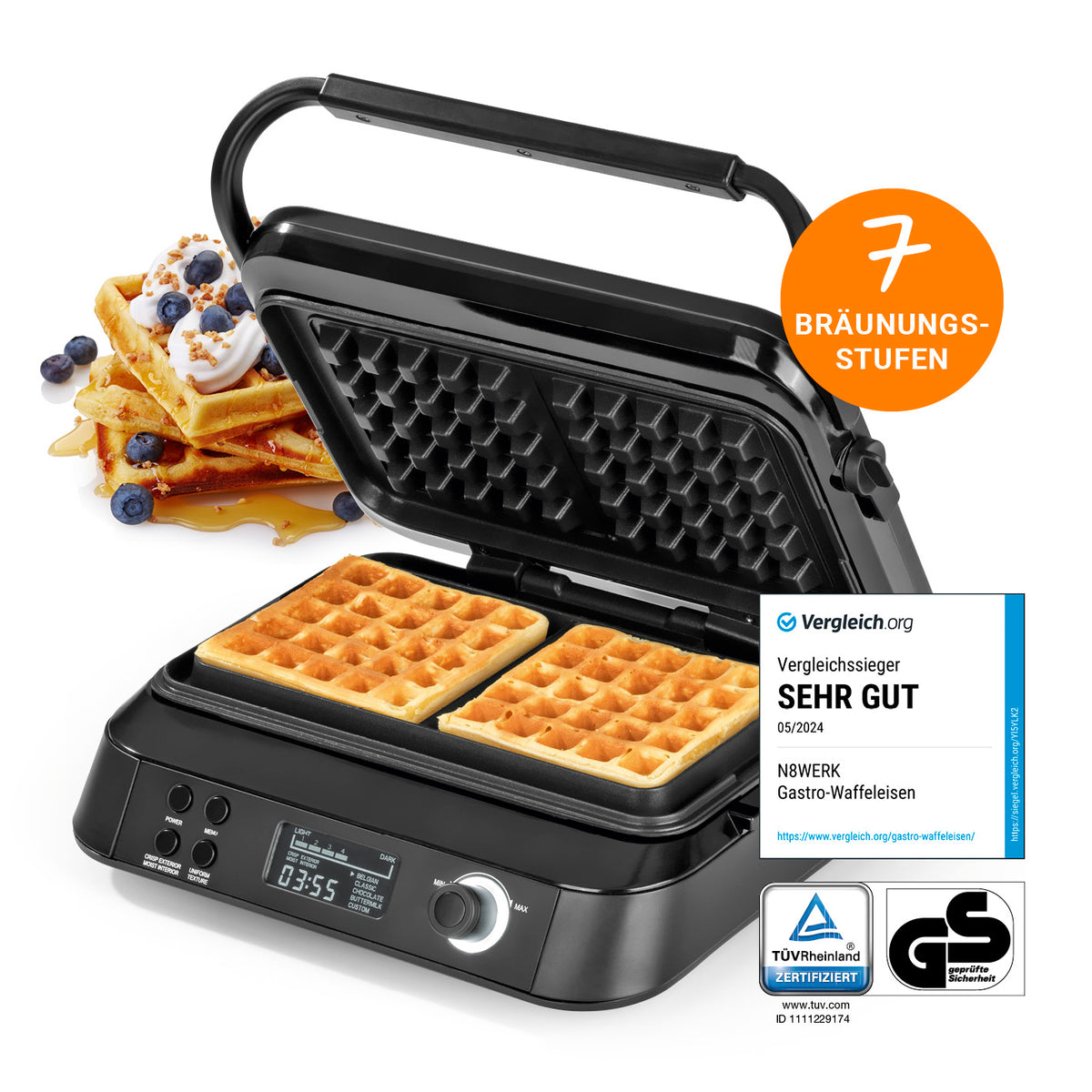 Premium-Waffeleisen mit 2 Backflächen, 7 Bräunungsstufen, LCD-Display und Antihaftbeschichtung für perfekte, fluffige Waffeln.