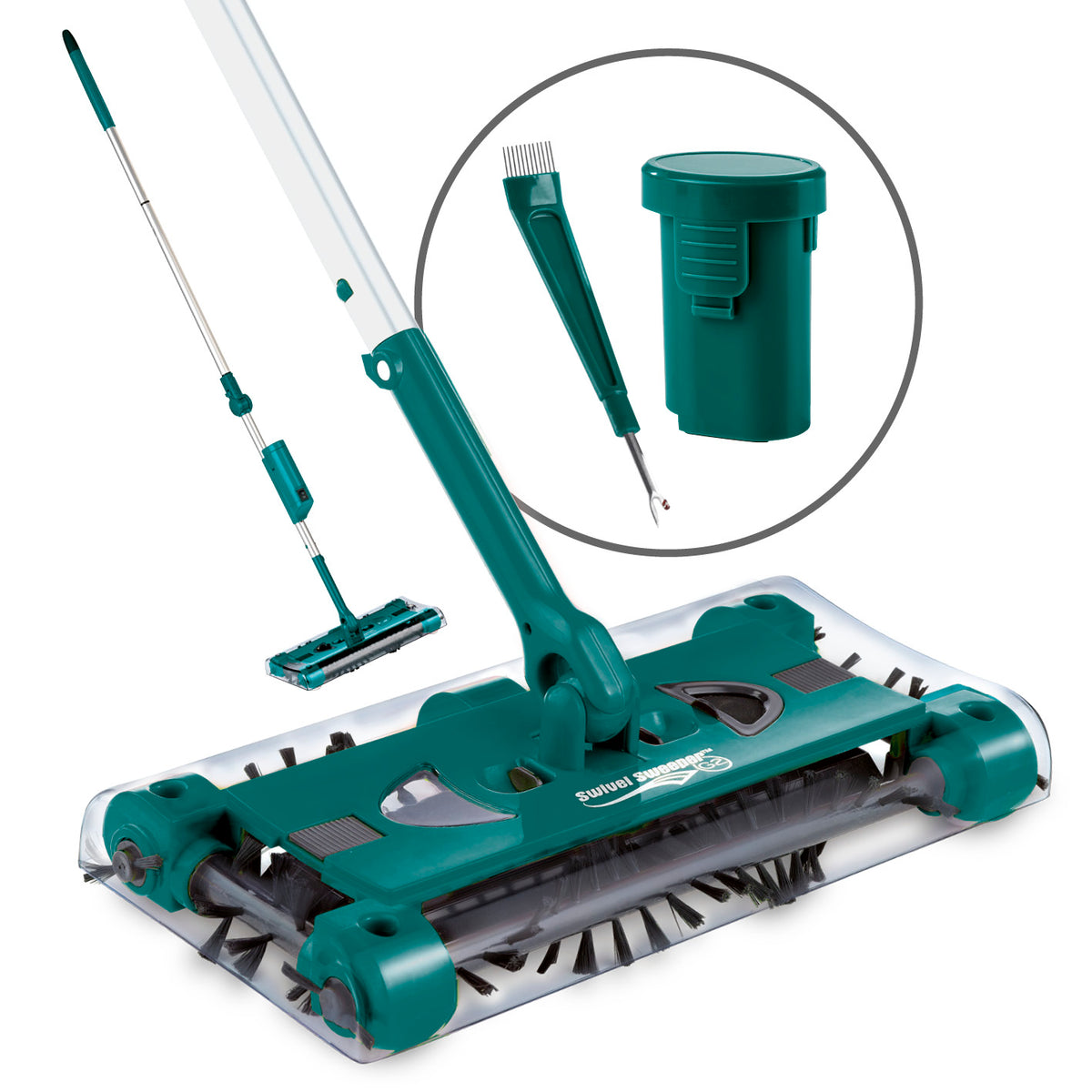 Akku-Besen Swivel Sweeper G2 + Ersatz-Akku, kabellos, wiederaufladbar, 360° Rotation, mit Rücken- und Gelenkschutz, smaragdgrün.