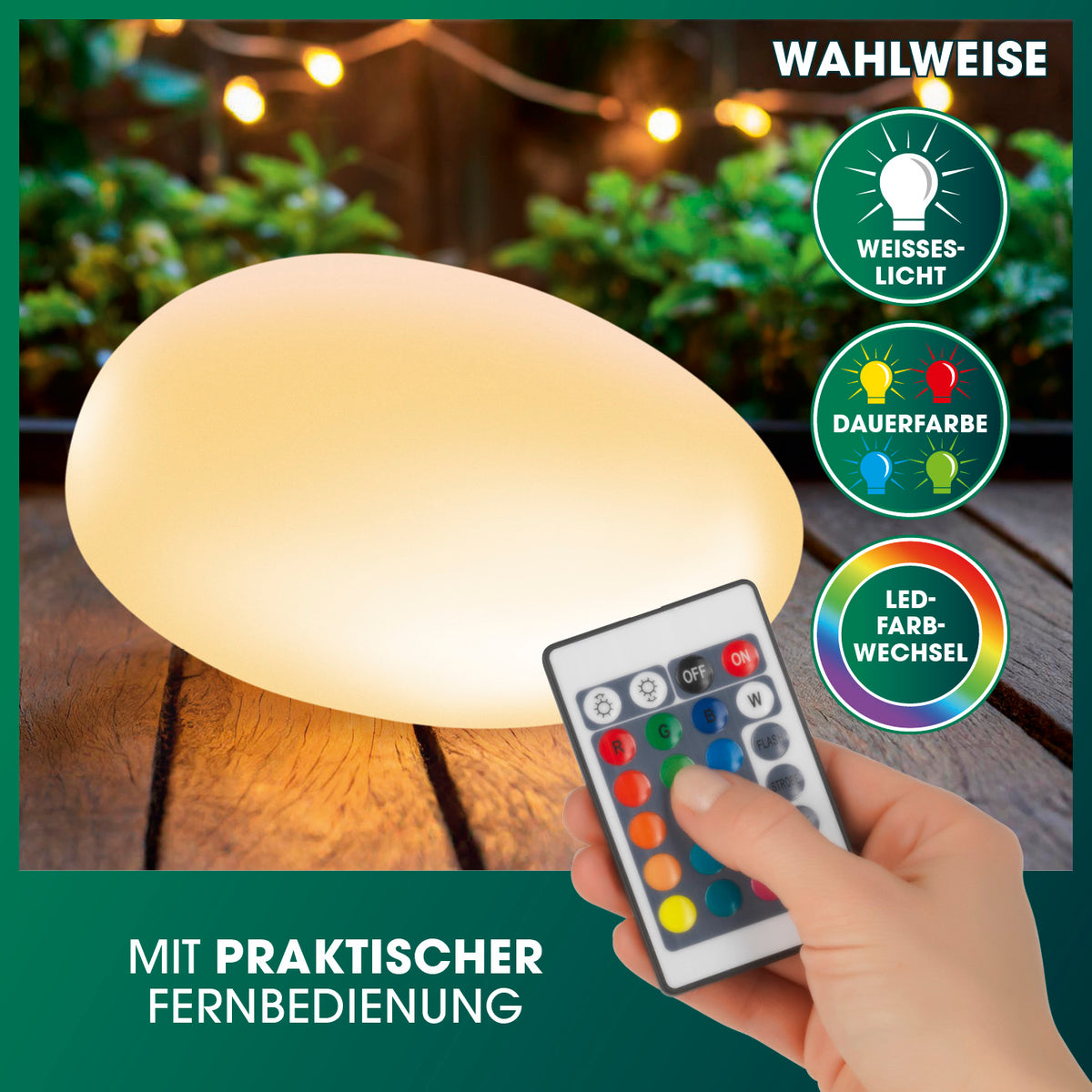 Solar-Leuchte Stein mit Farbwechsel mit 4 LEDs, Fernbedienung, warmweißem Licht und LED-Farbwechsel, wetterfest IP67, mit Erdspieß.