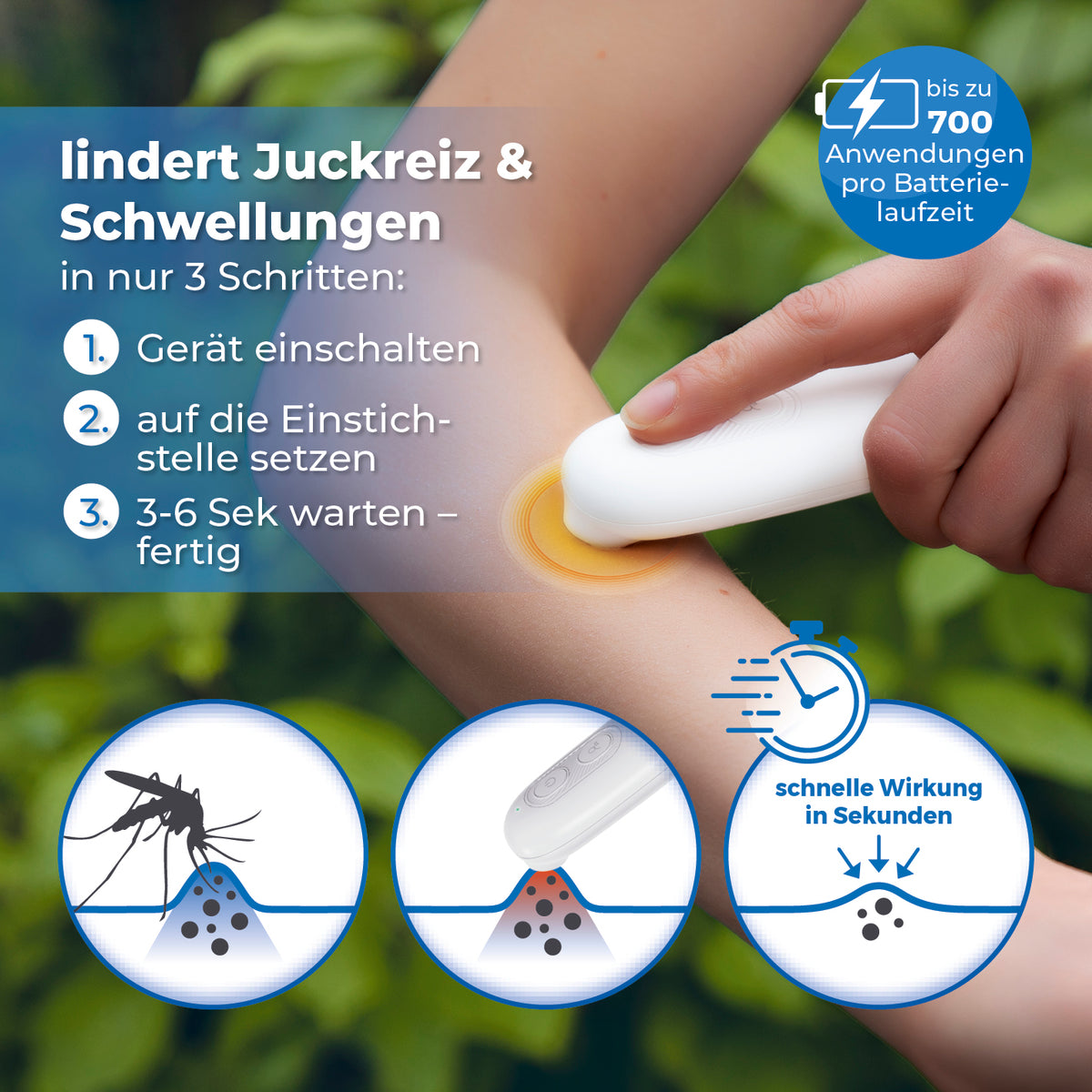 Stichheiler von VITALmaxx lindert Juckreiz und Schwellungen bei Mückenstichen durch schnellen Wärmeimpuls in 3-6 Sekunden.