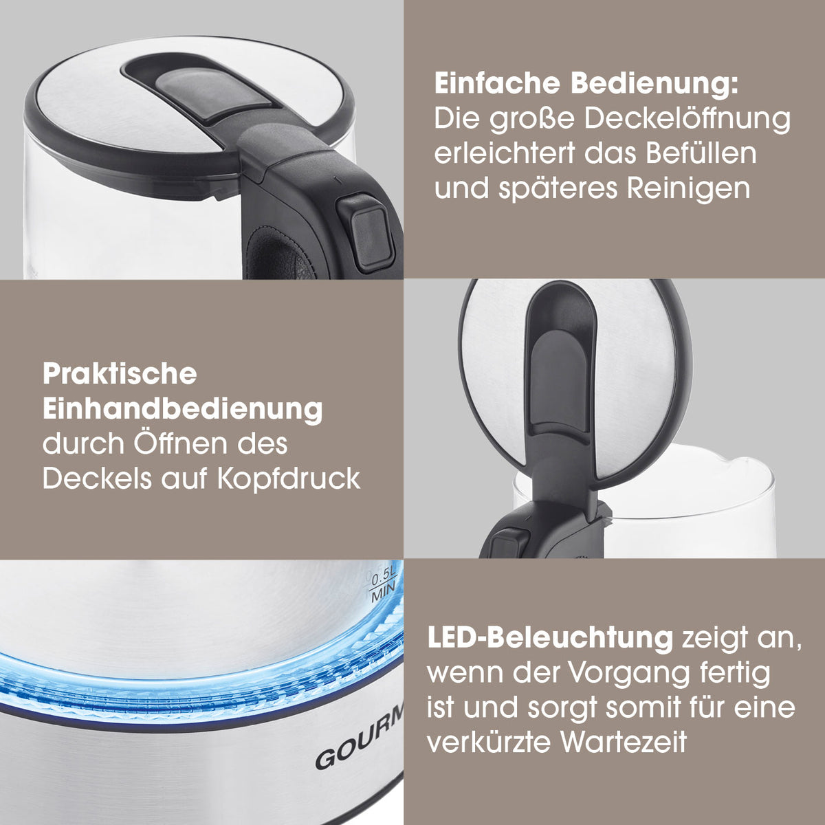 Glas-Wasserkocher LED 1,7l - Edelstahl/schwarz mit großer Deckelöffnung, Einhandbedienung und LED-Beleuchtung zur Anzeige des Kochvorgangs.