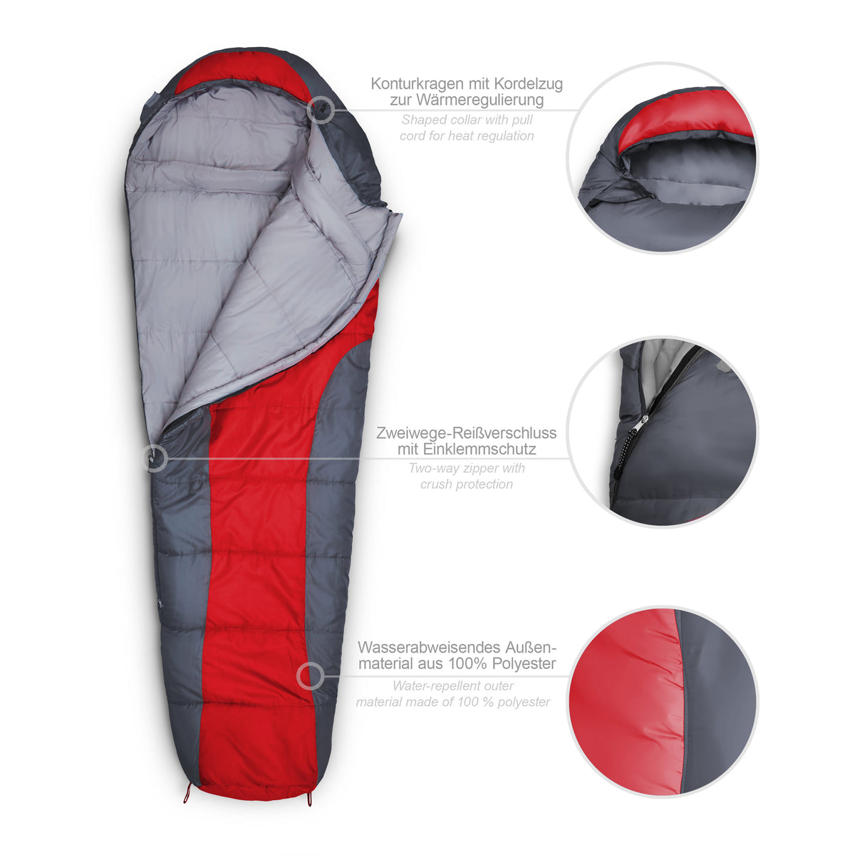 Camping Schlafsack Classic - Mumienschlafsack rot mit wasserabweisendem Polyester, Kordelzug, Wärmekragen und Zweiwege-Reißverschluss.