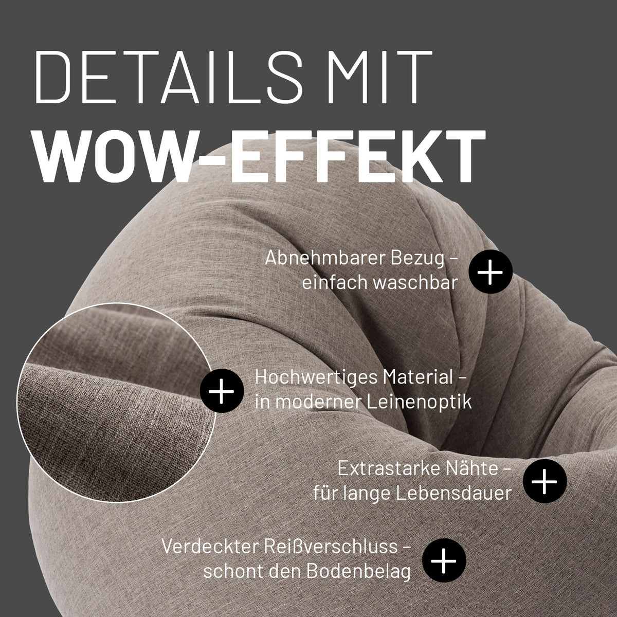 Sitzsack Interior Line (300 L) Hellgrau mit abnehmbarem Bezug, hochwertigem Leinenmaterial und extrastarken Nähten für langlebigen Sitzkomfort.