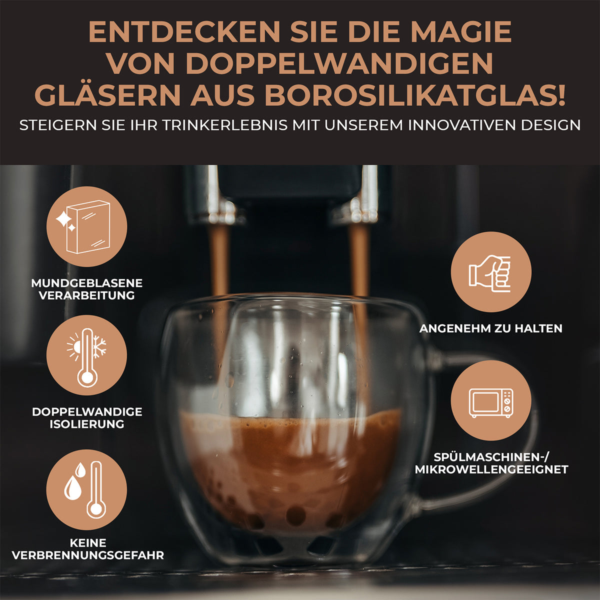 Latte Macchiato Gläser - 6er-Set - 450 ml, doppelwandige Borosilikatgläser, hitzebeständig, spülmaschinen- und mikrowellenfest.