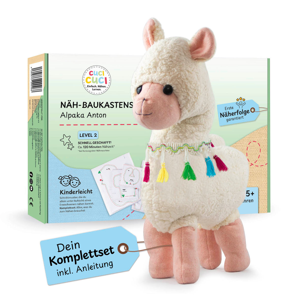 Näh-Baukastenset - 4 Motive Alpaka, Herz, Einhorn & Pferd, Kinderleichtes Nähset für erste Nähmaschinen-Erfahrungen ab 5 Jahren.