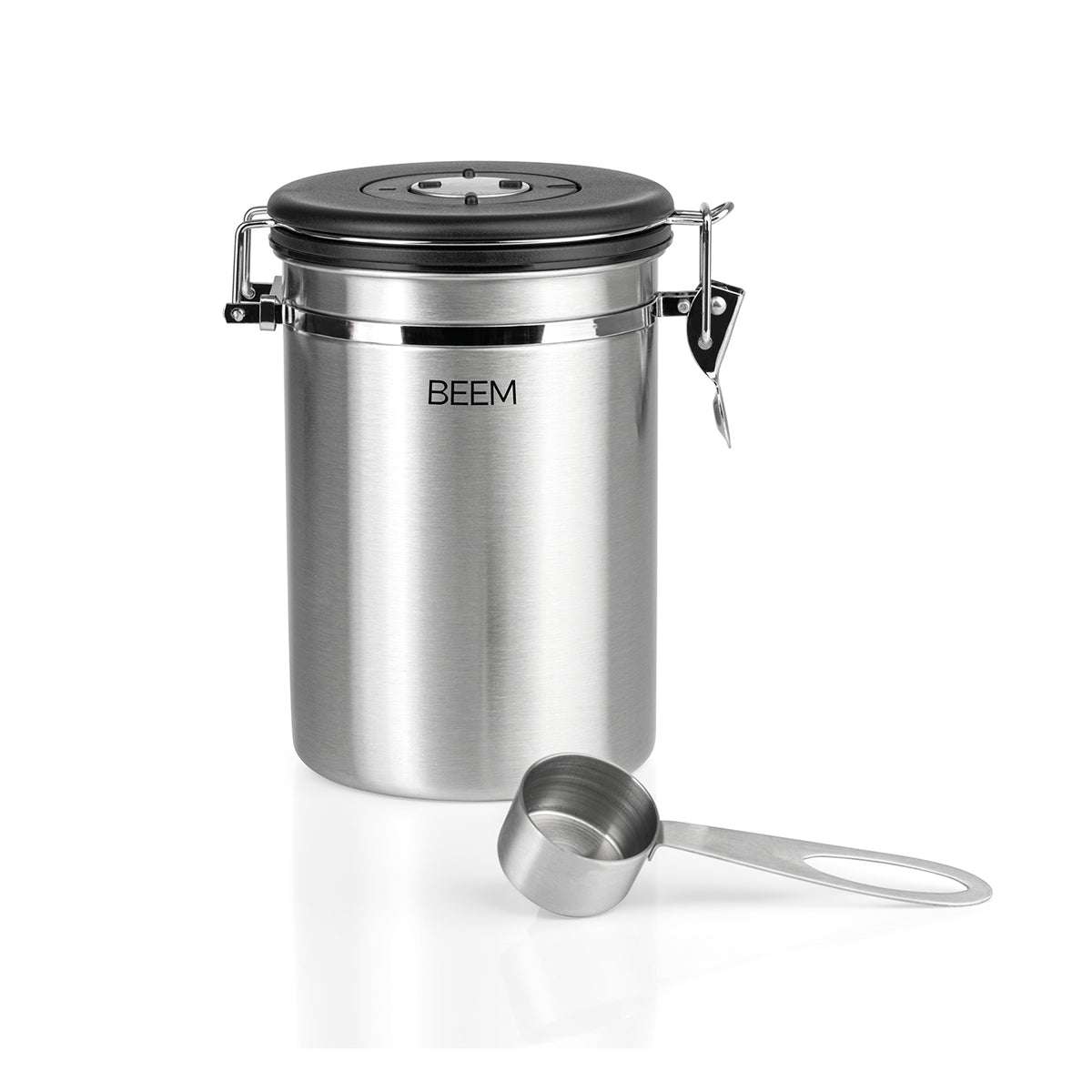 KAFFEEDOSE Vorratsdose mit Dosierlöffel - 1,9 l, luftdichter Edelstahlbehälter mit Frischeschutzventil und einstellbarem Einfülldatum.