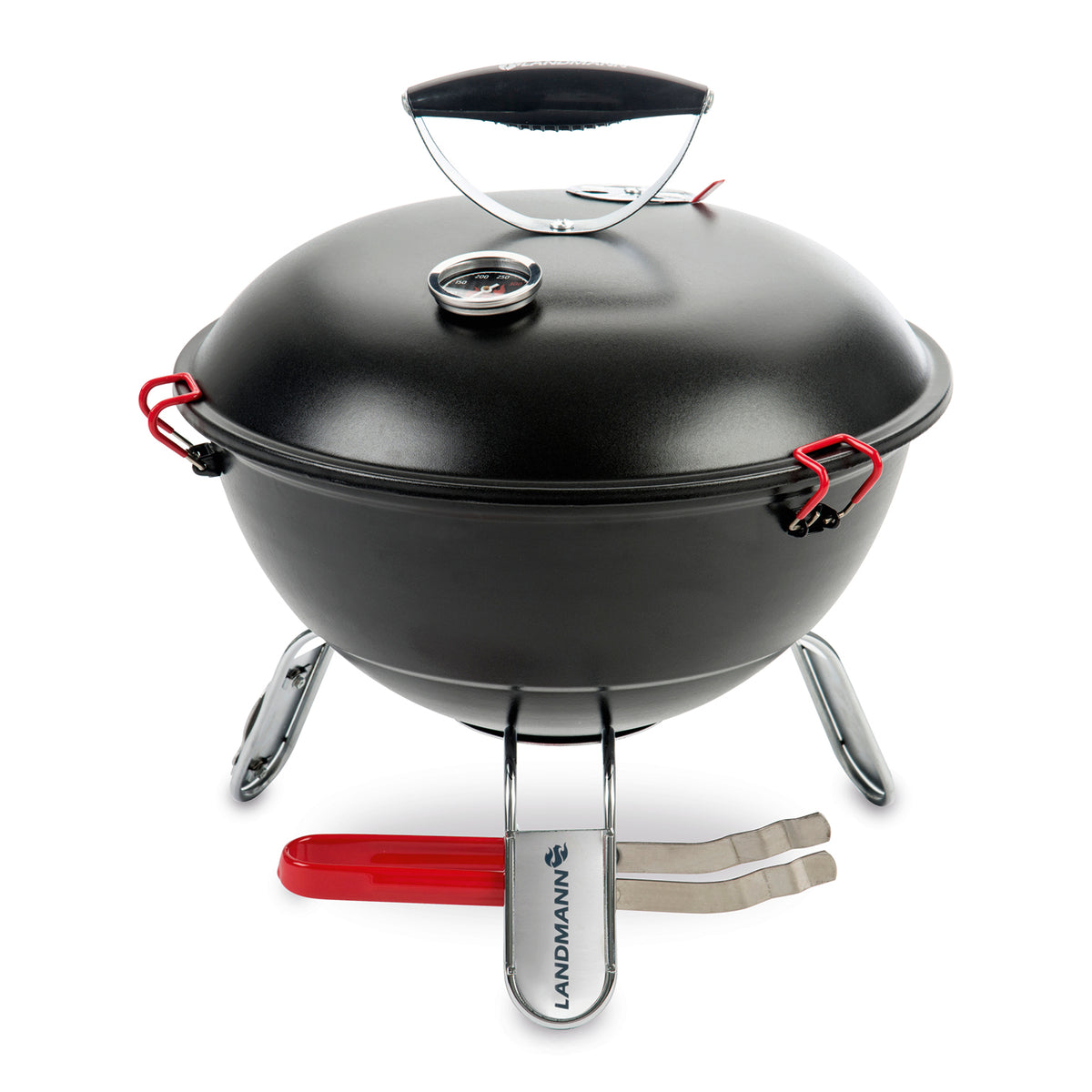 Piccolino King Grill mit pulverbeschichtetem Deckel und Feuerschale, gummierten Deckelklammern und inklusive Edelstahl Grillzange.