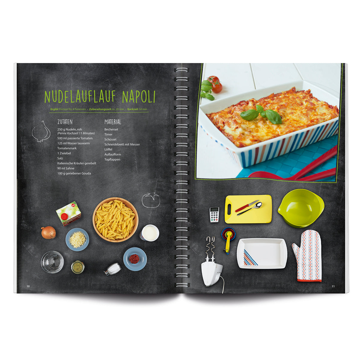 Offenes Rezeptbuch inkl. Messbecher-Set - Band 5 - Ofen-Rezepte für die ganze Familie (DIN-A5) mit Nudelauflauf Napoli Rezeptseite.