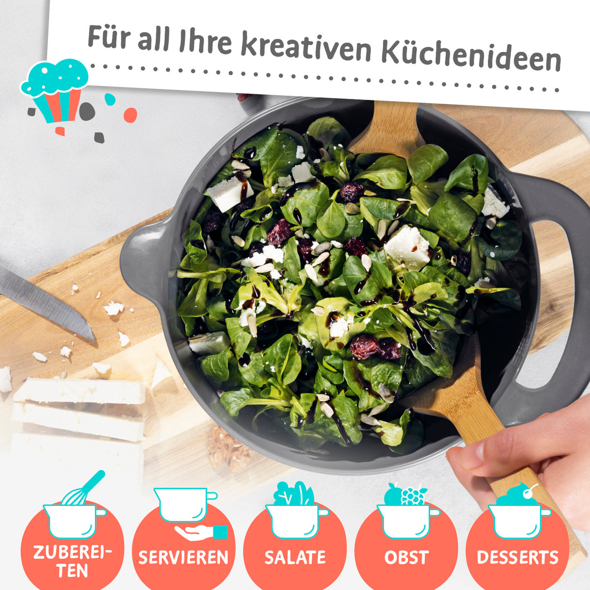 Schüssel-Set 4-tlg. in Grautönen, stapelbar mit Ausgießer und Griff, ideal für kreative Küchenideen und platzsparendes Verstauen.