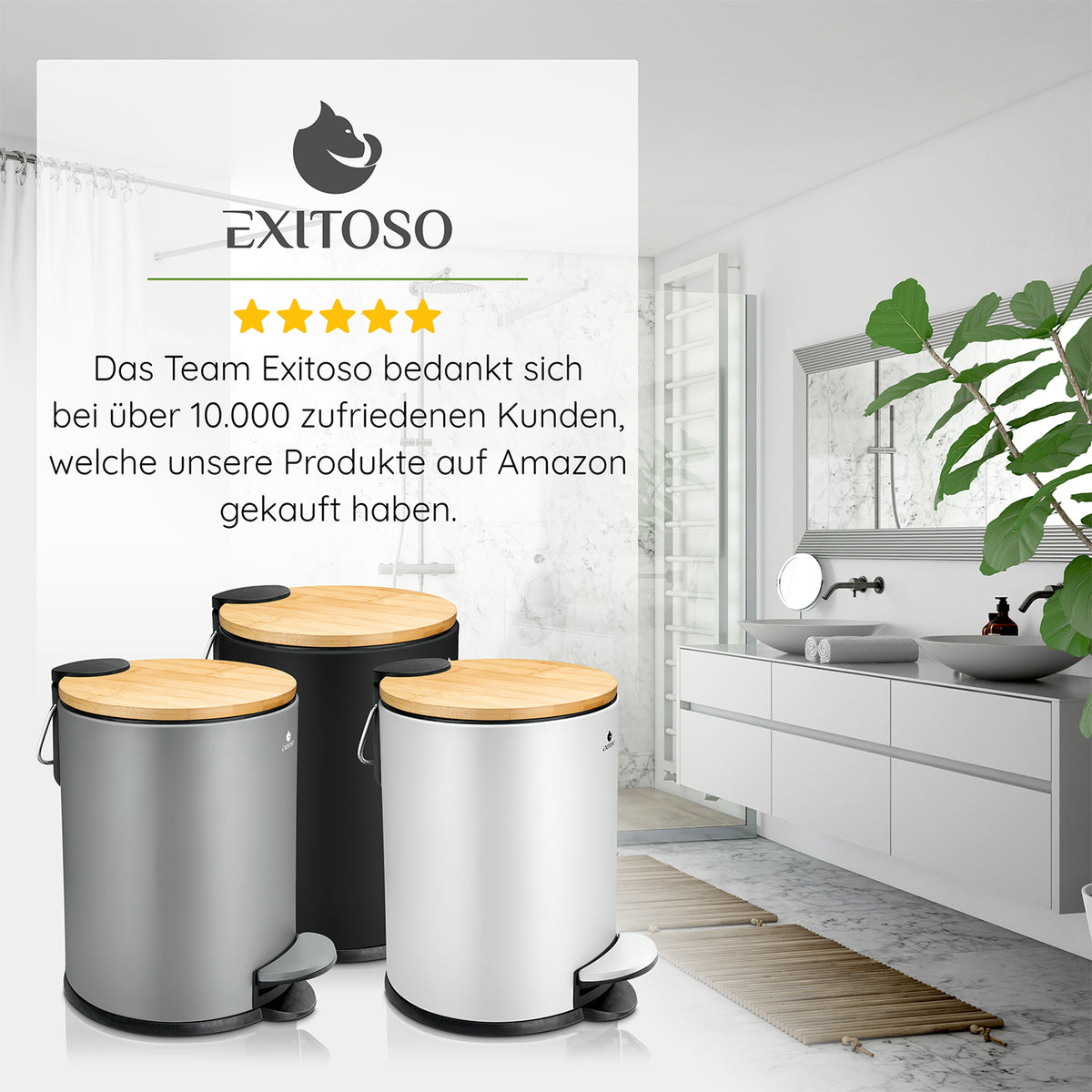 Tretmülleimer mit Softclose-Deckel - 3 l - Grau mit Bambusdeckel, Antirutsch und geräuschlosem Softclose im modernen Badezimmer.