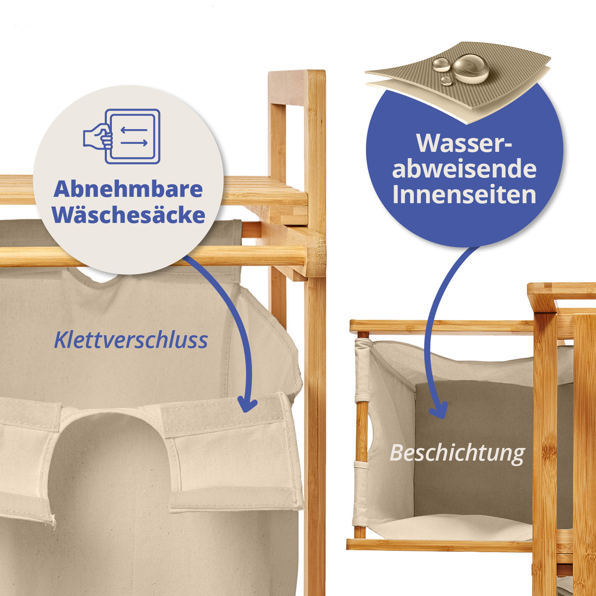 Bambus Wäschekorb mit 2 ausziehbaren Wäschesäcken, wasserabweisend, abnehmbare Wäschesäcke mit Klettverschluss, beige, 73x64x33 cm.