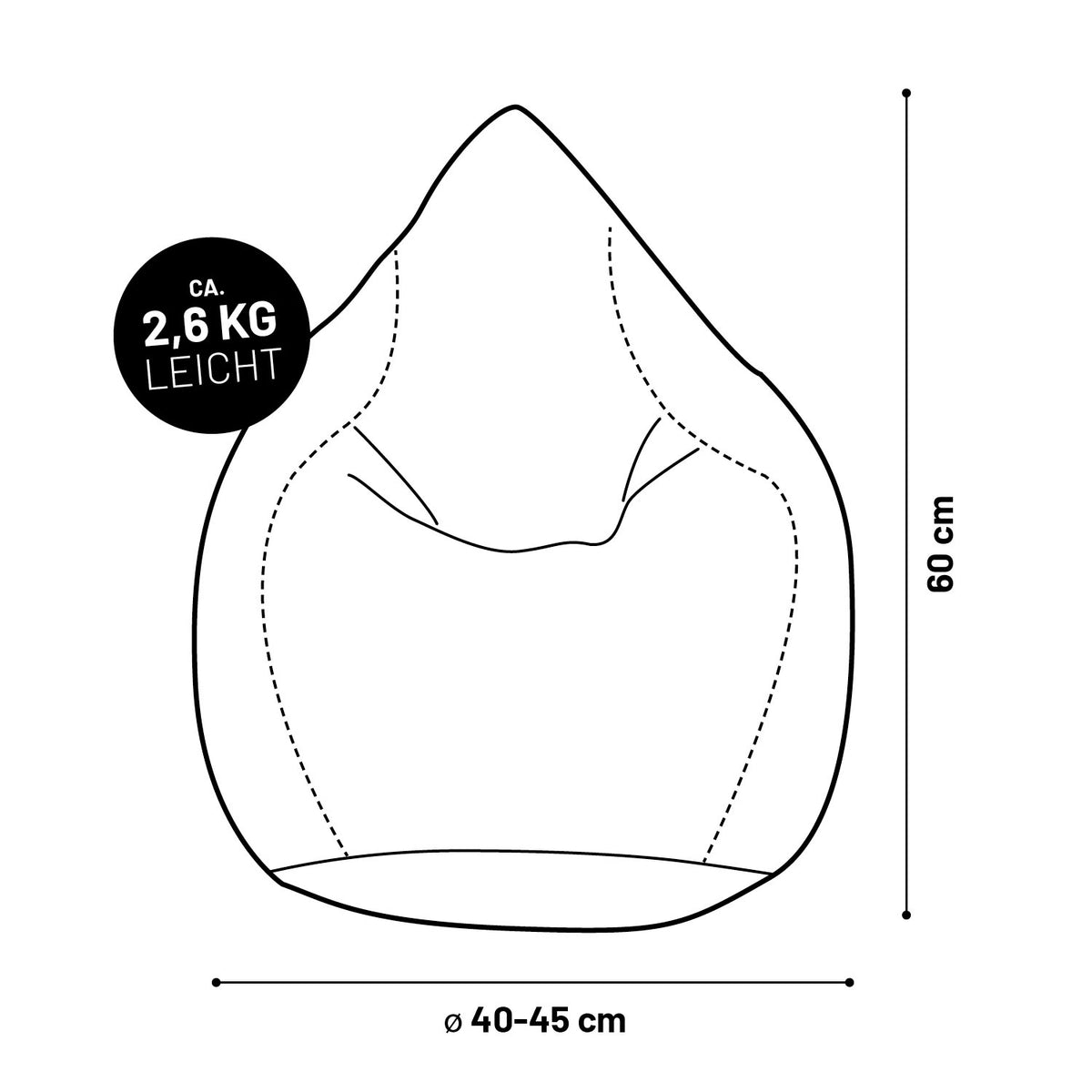 Luxury XL Sitzsack (120 L) - indoor - Grau mit ca. 2,6 kg Gewicht, 60 cm Höhe und 40-45 cm Durchmesser, ideal zum Entspannen.