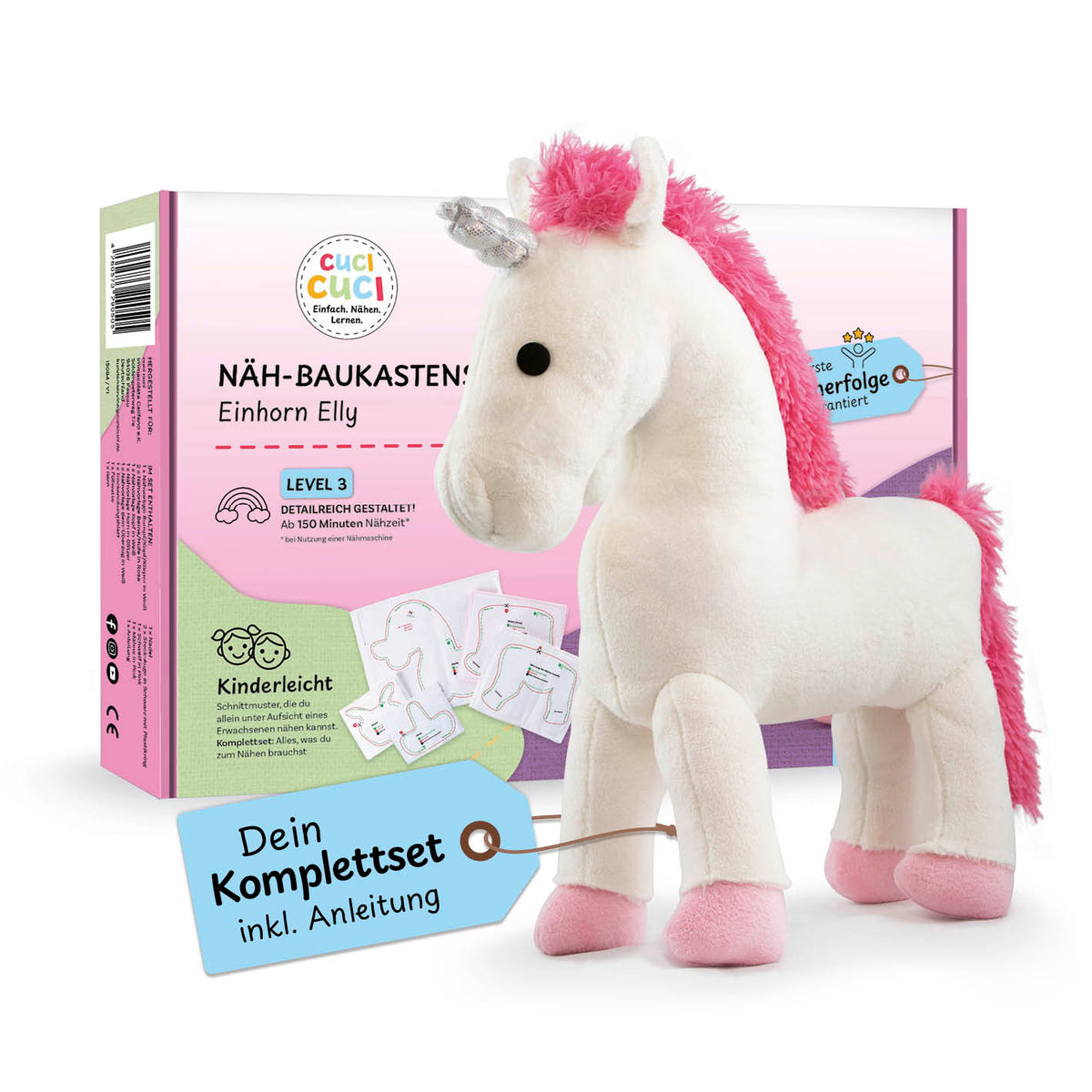 Näh-Baukastenset Motiv Einhorn Elly mit Komplettset und Anleitung für kinderleichtes Nähen ab 5 Jahren, Level 3 von cuci cuci.