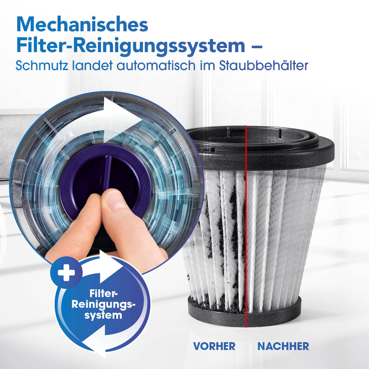 Akku-Zyklon-Staubsauger - anthrazit/lila mit mechanischem Filter-Reinigungssystem für einfache und hygienische Filterpflege.