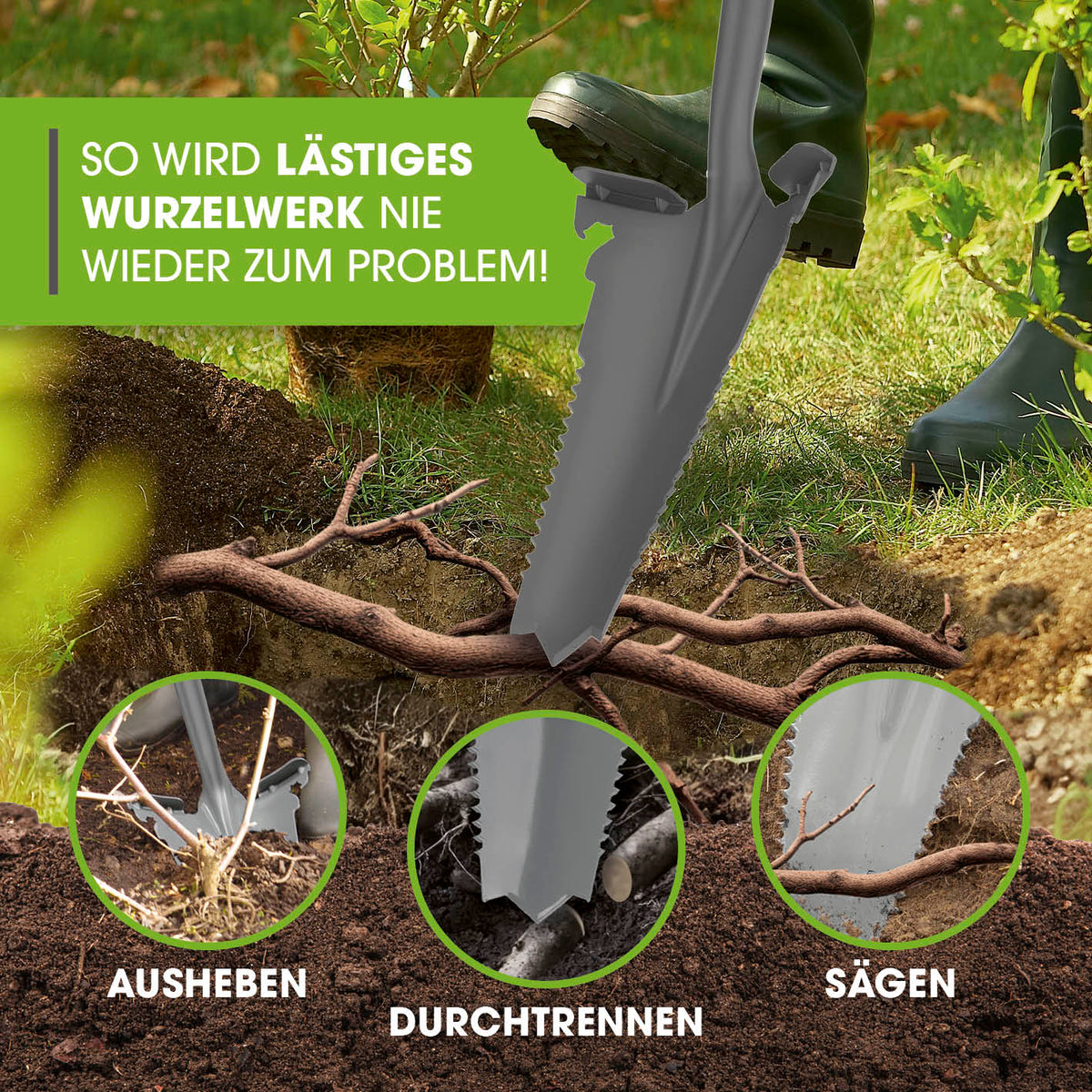 Spaten- & Wurzelsäge - 114 cm mit V-Klingenspitze, Trittkante und multifunktionalem Einsatz für Wurzelwerk und Erde.