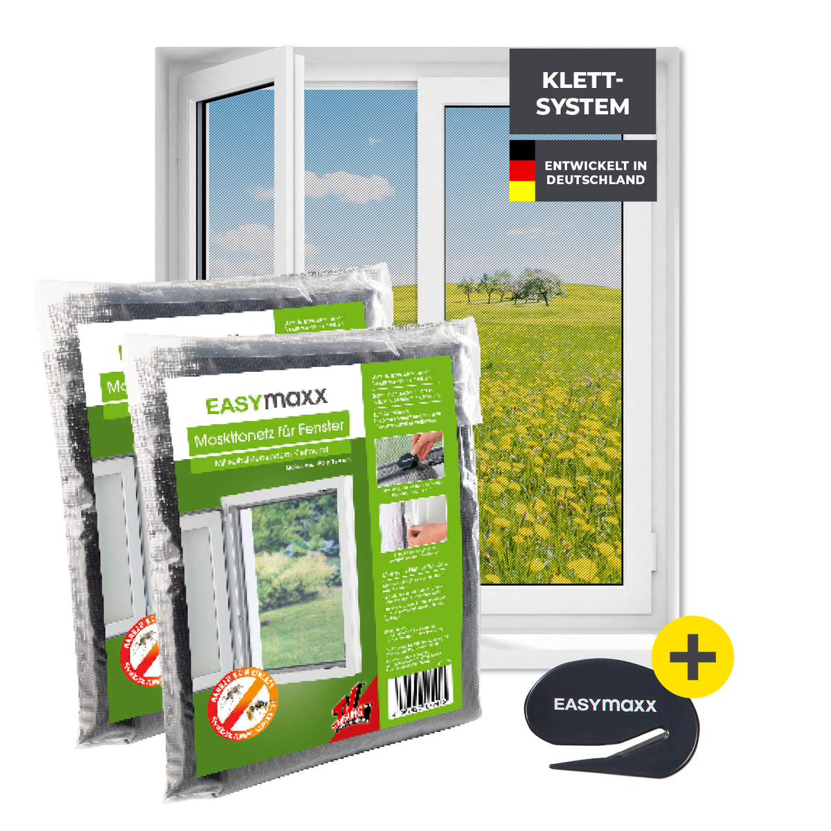 Moskitonetz für Fenster mit selbstklebendem Klettband - 2er-Set - 150 x 180 cm - Schwarz, einfache Montage, Insektenschutz.