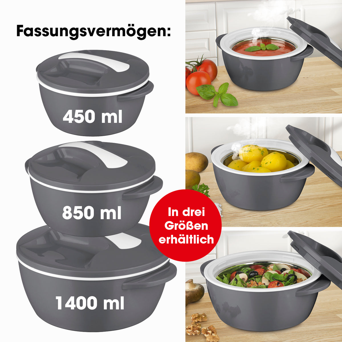 Thermo-Schüssel Mikrowelle - 450 ml grau/weiß, doppelwandig, mit Edelstahleinsatz, hält Speisen bis zu 5 Stunden warm oder kalt.