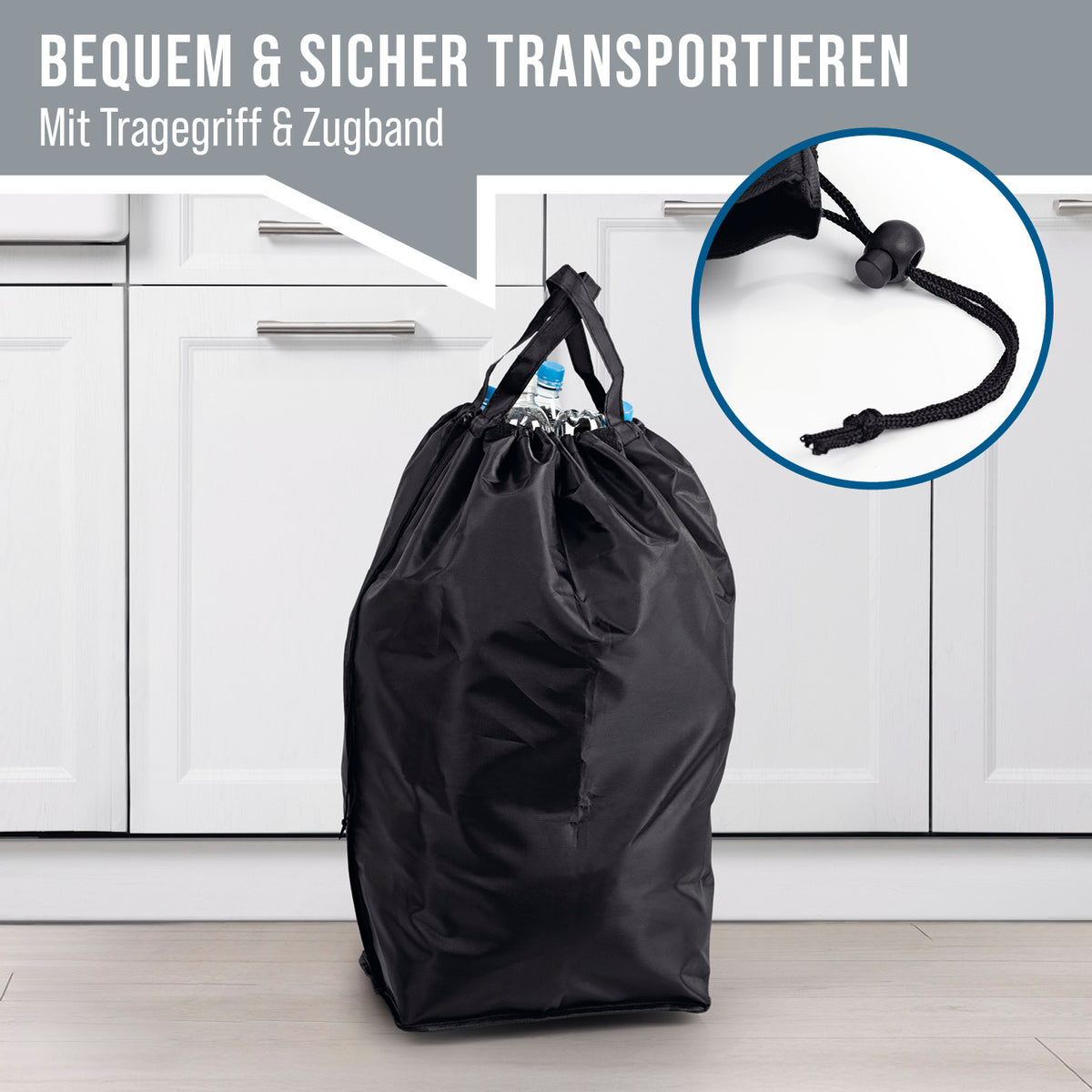 Pfandflaschen-Sammelbehälter - Schwarz mit wasserabweisender Tasche, Tragegriff und Zugband für sicheren und bequemen Transport.