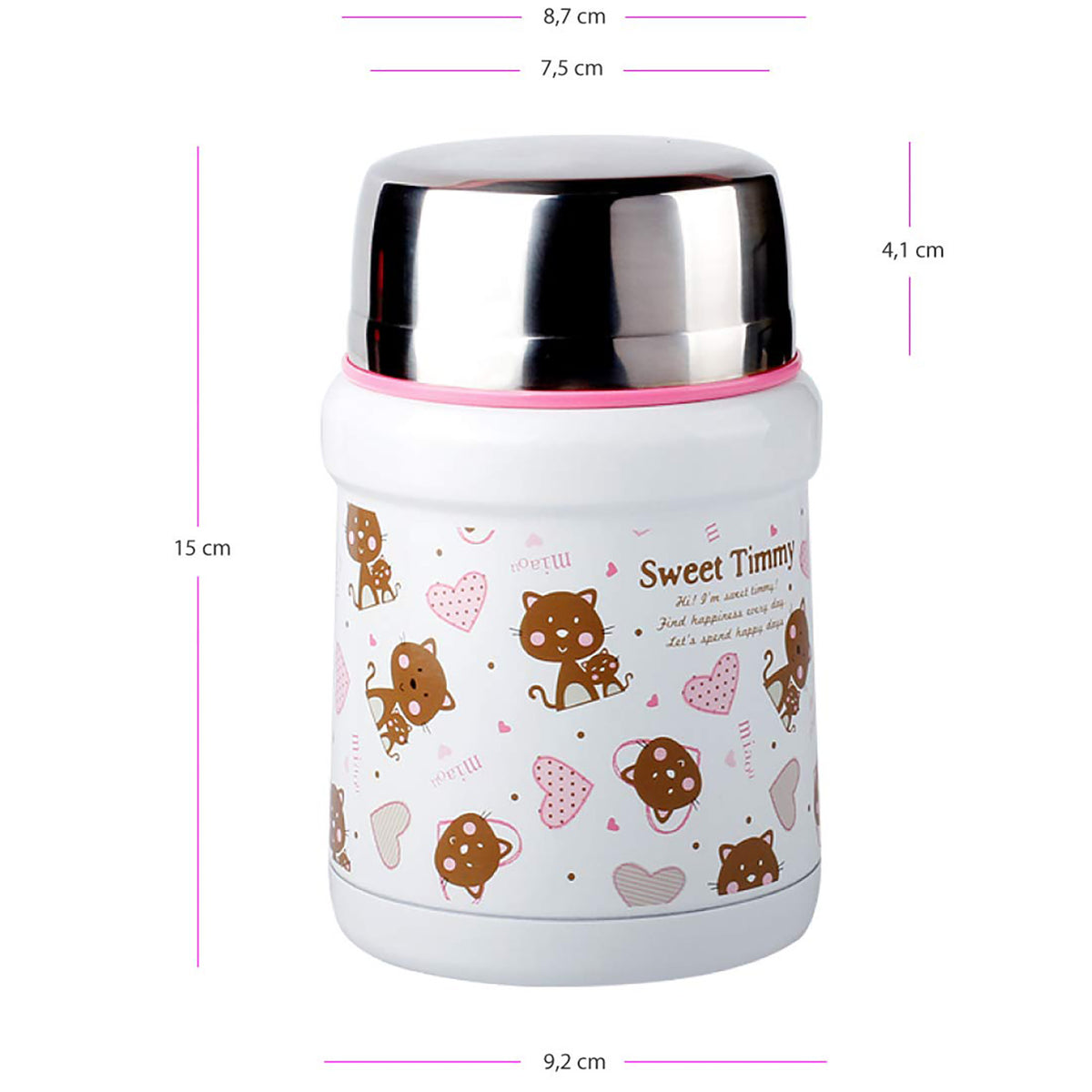 Thermobehälter 450 ml - Katzen/Rosa, doppelwandiger Edelstahl, hält Speisen 12 h warm, auslaufsicher und mit Löffel im Deckel.