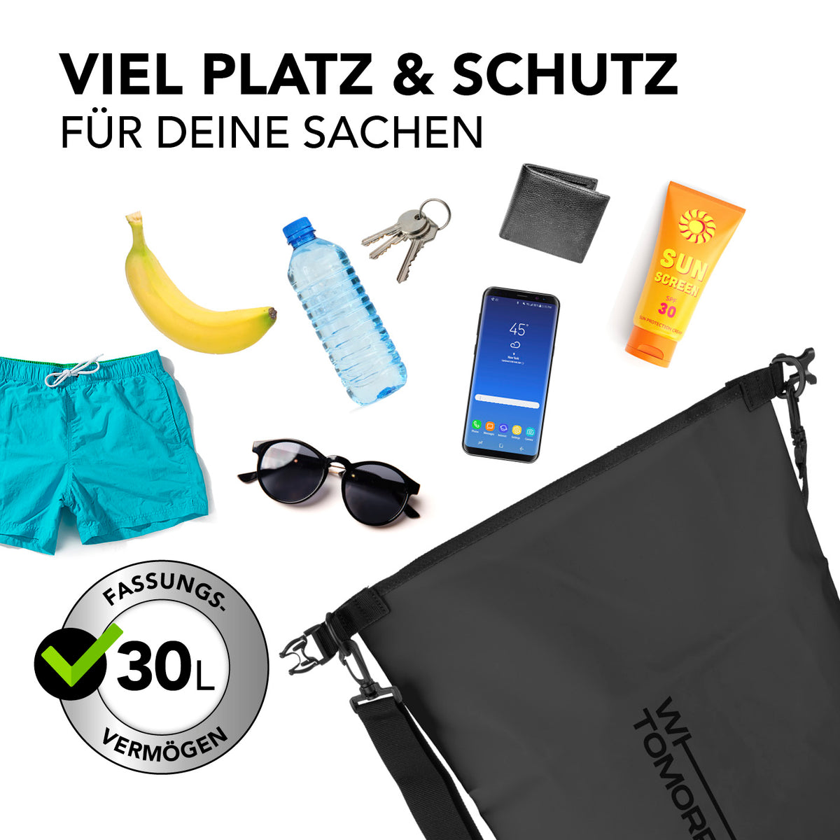 Dry Bag 30L - Style 02 - Schwarz, wasserdichter, robuster Outdoor-Rucksack mit 30L Fassungsvermögen zum Schutz deiner Wertsachen.