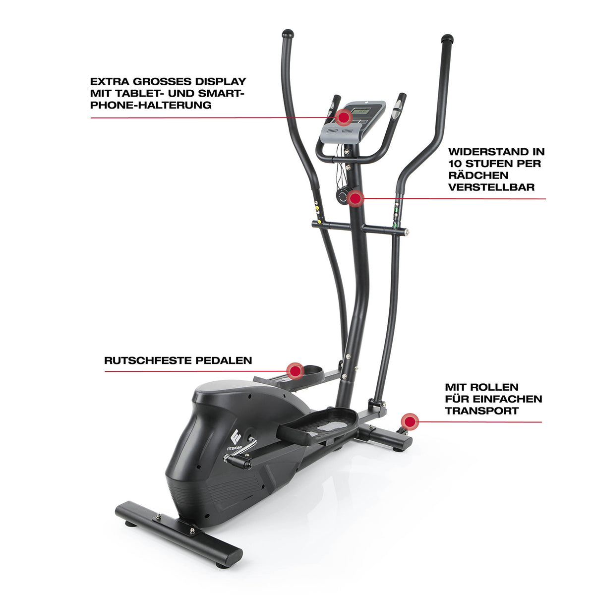 Crosstrainer - belastbar bis 150 kg mit 10 Schwierigkeitsstufen, rutschfesten Pedalen und großem Display für effektives Herz-Kreislauf-Training.