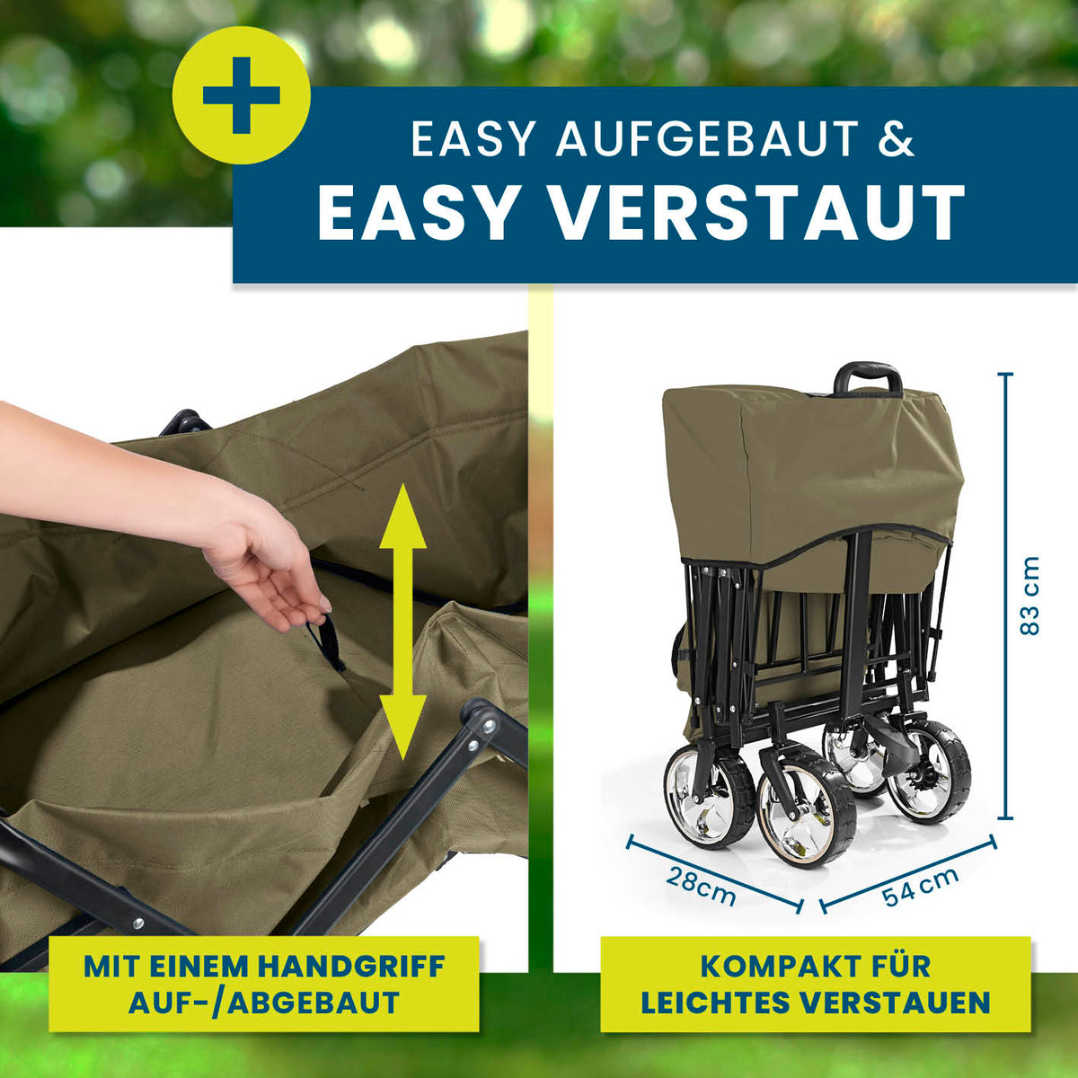 Faltbarer Bollerwagen - Beige leicht aufbaubar und kompakt verstaubar mit praktischem Handgriff und stabilem Rahmen.
