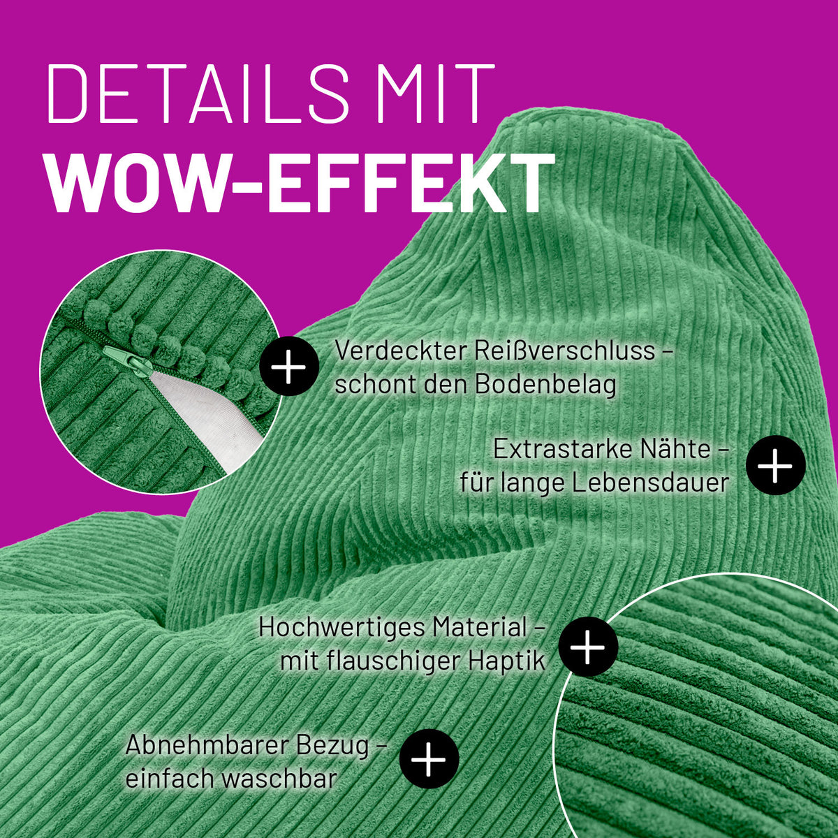 Sitzsack GIANT aus der Cord-Reihe - Dunkelgrün mit verdecktem Reißverschluss, verstärkten Nähten und abnehmbarem, waschbarem Bezug.