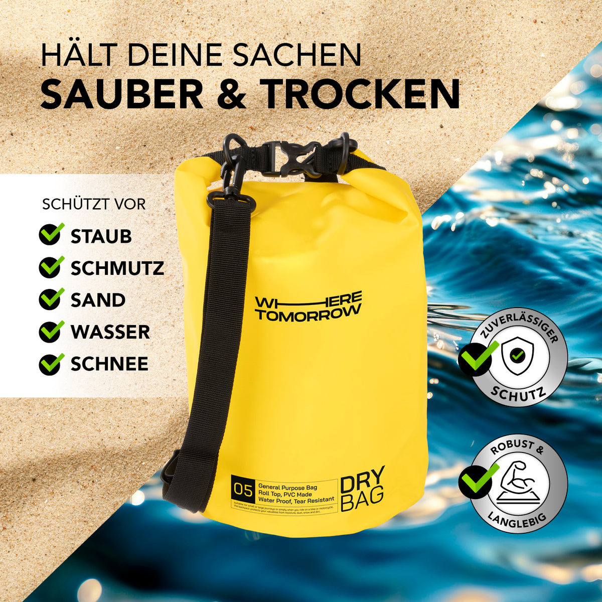Dry Bag 5L - Style 01 - Gelb wasserfester Rucksack mit Rolltop, robust, schützt vor Staub, Schmutz, Wasser, Sand und Schnee beim Outdoor-Einsatz.
