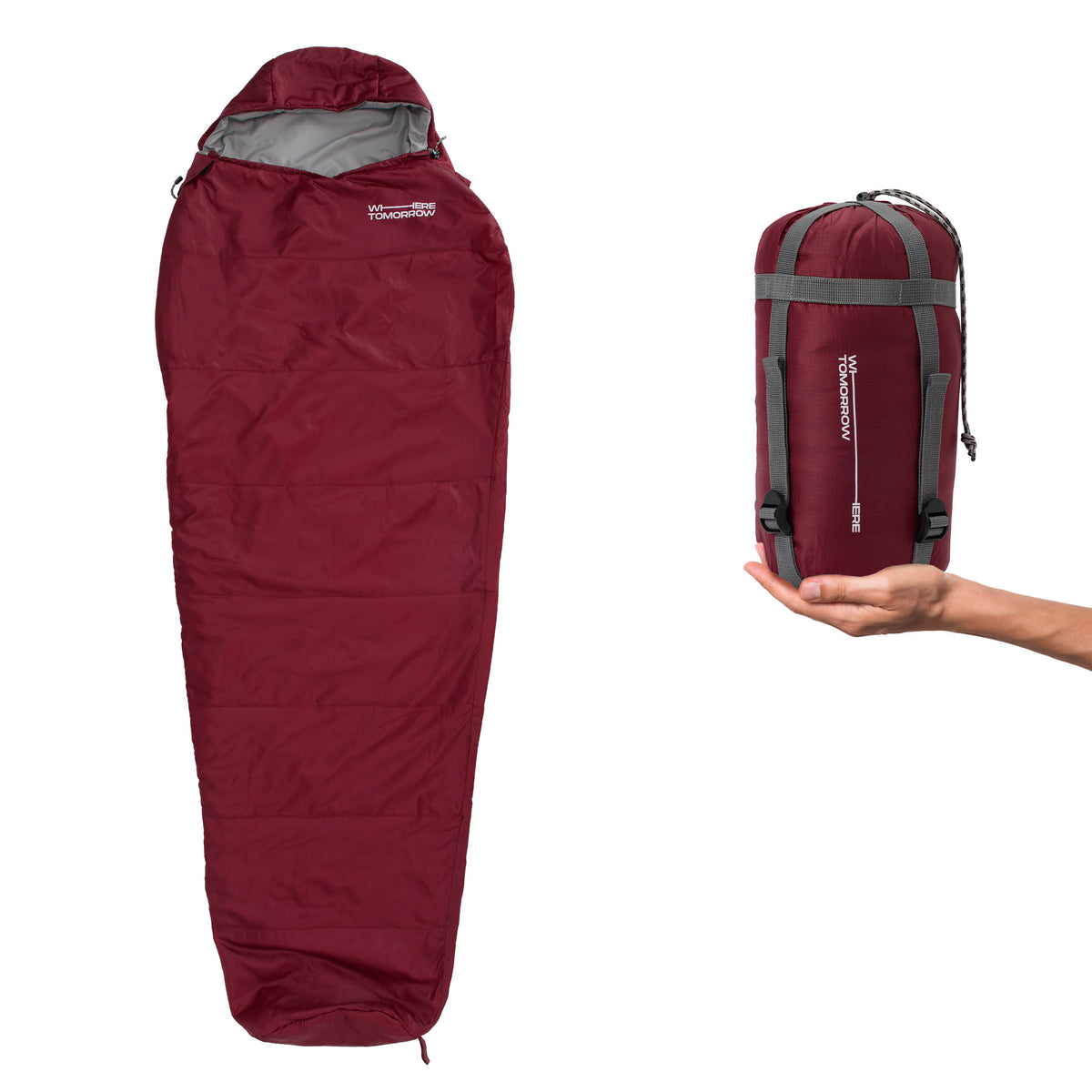 Camping Schlafsack Small & Light - Mumienschlafsack rot mit Packsack, wasserabweisend, leicht, kompakt, 220 x 80 x 50 cm.