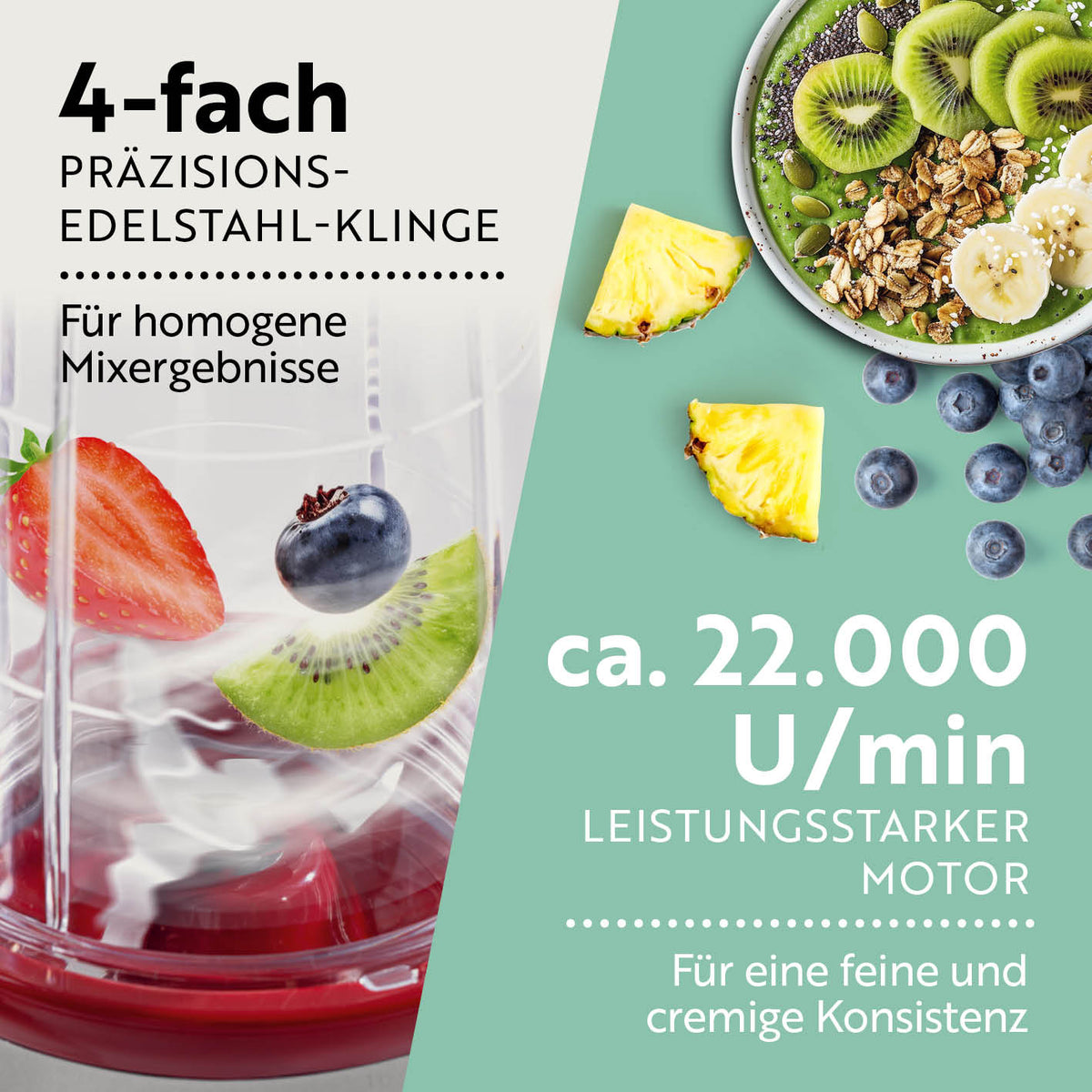 Mr. Magic Power 400 Pro mit Zubehörset L - Silber/Rot mit 4-fach Edelstahlklinge und 22.000 U/min für feine, cremige Mixergebnisse.