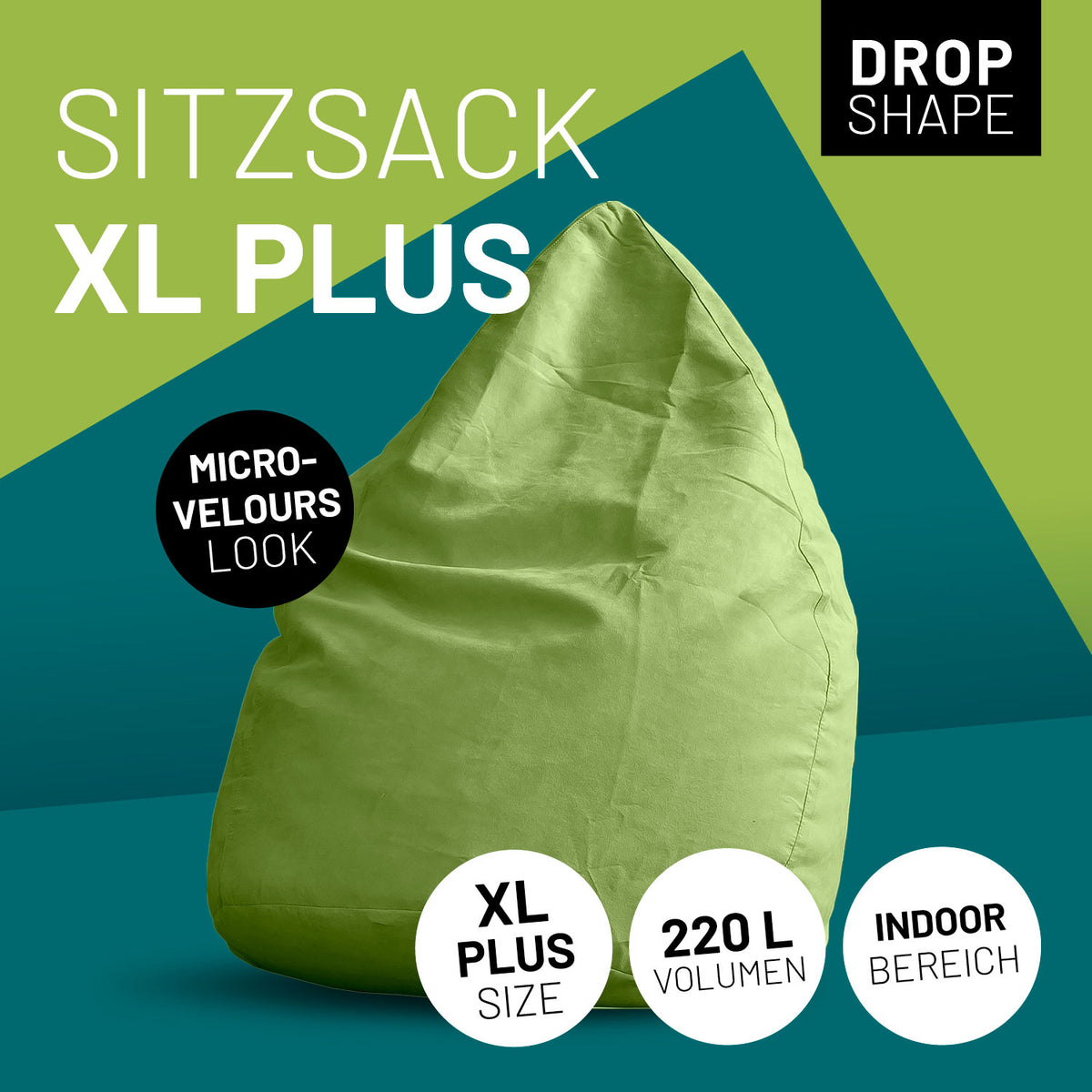 Luxury XL PLUS Sitzsack (220 L) Grün mit Mikro-Velours-Look, Drop Shape, ideal für den Indoor-Bereich, extra Volumen und Komfort.