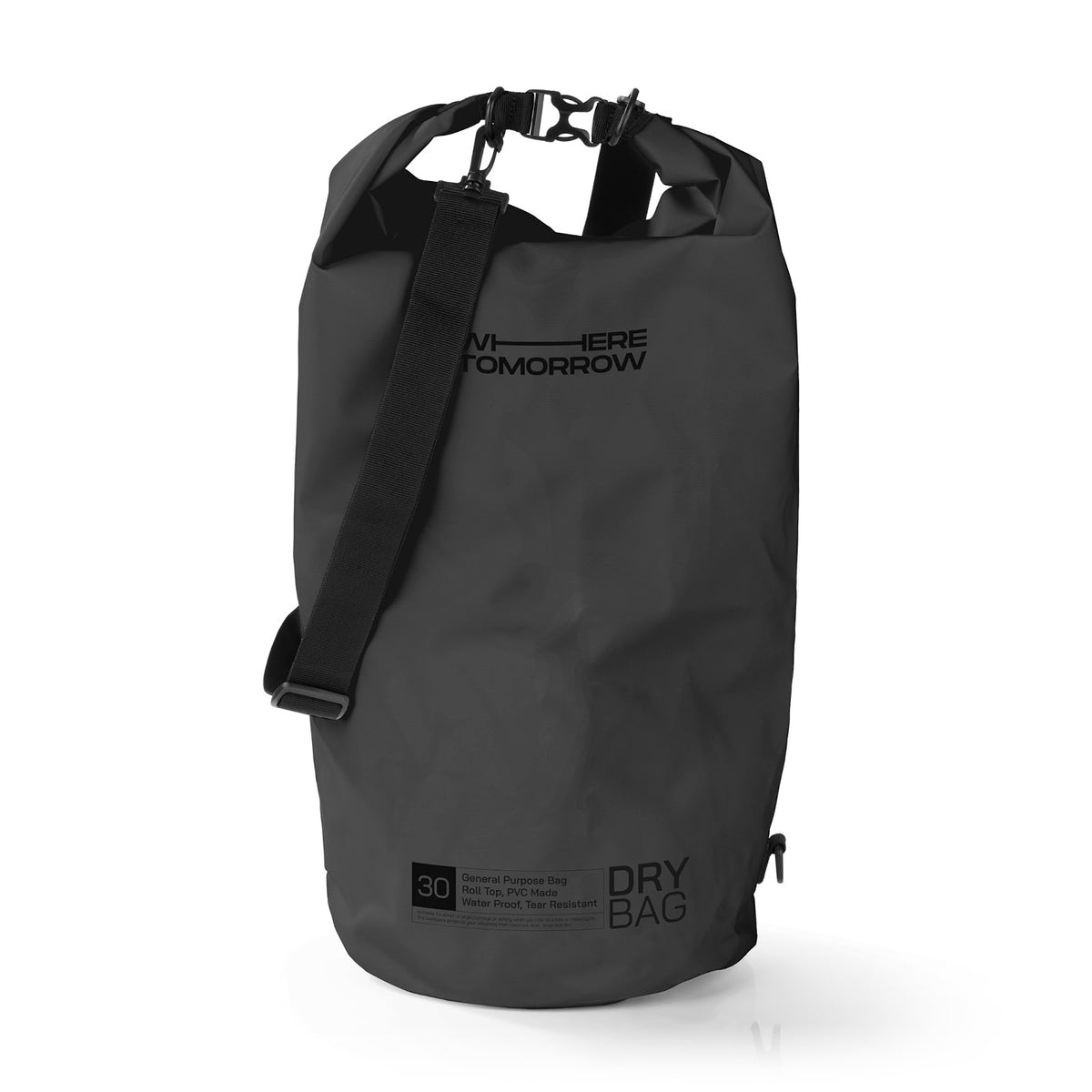 Dry Bag 30L - Style 01 - Schwarz, wasserdichter und robuster Outdoor-Rucksack mit verstellbarem Schultergurt und Rolltop-Verschluss.