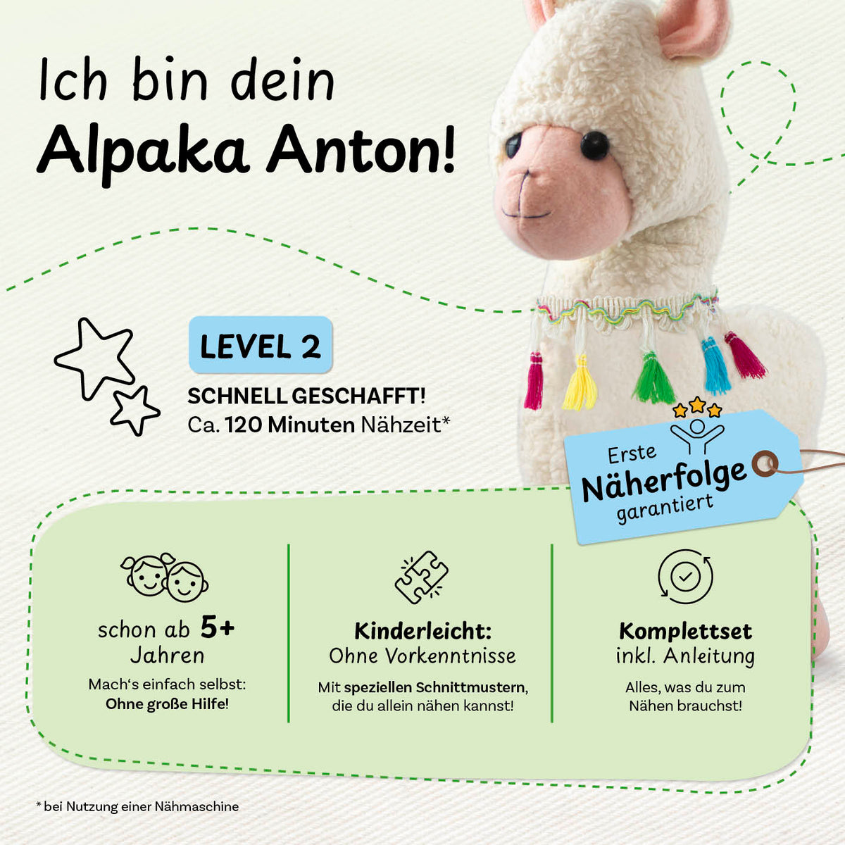 Näh-Baukastenset Motiv Alpaka Anton für Kinder ab 5 Jahren, kinderleicht, Level 2, Komplettset mit Anleitung, erste Näherfolge garantiert