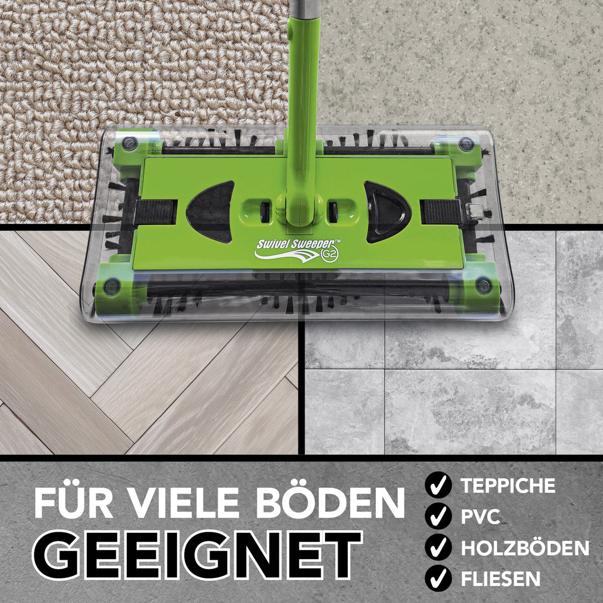 Akku-Besen Swivel Sweeper G2 + Ersatz-Akku limegreen auf Teppich, PVC, Holzböden und Fliesen leicht verwendbar.