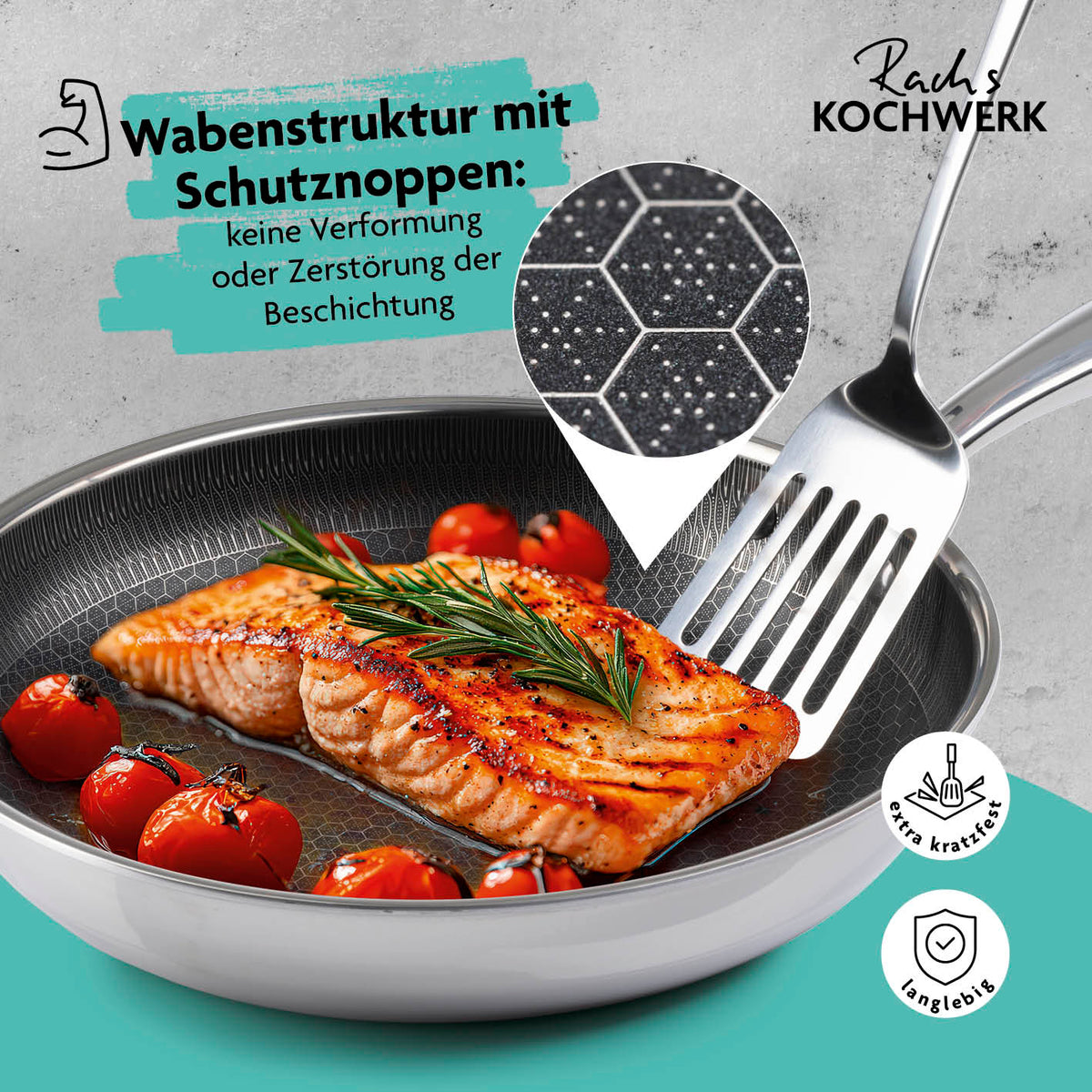Edelstahl-Pfanne mit Wabenstruktur Ø 24 cm, kratzfest, antihaftbeschichtet, ideal für fettarmes Braten und alle Herdarten.