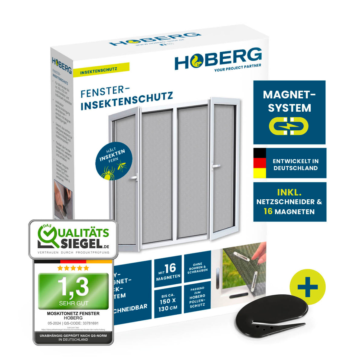 Insektenschutzgitter mit Magnetbefestigung – Fenster – 16 Magnete, einfache Montage ohne Bohren, inklusive Netzschneider und 16 starken Magneten.