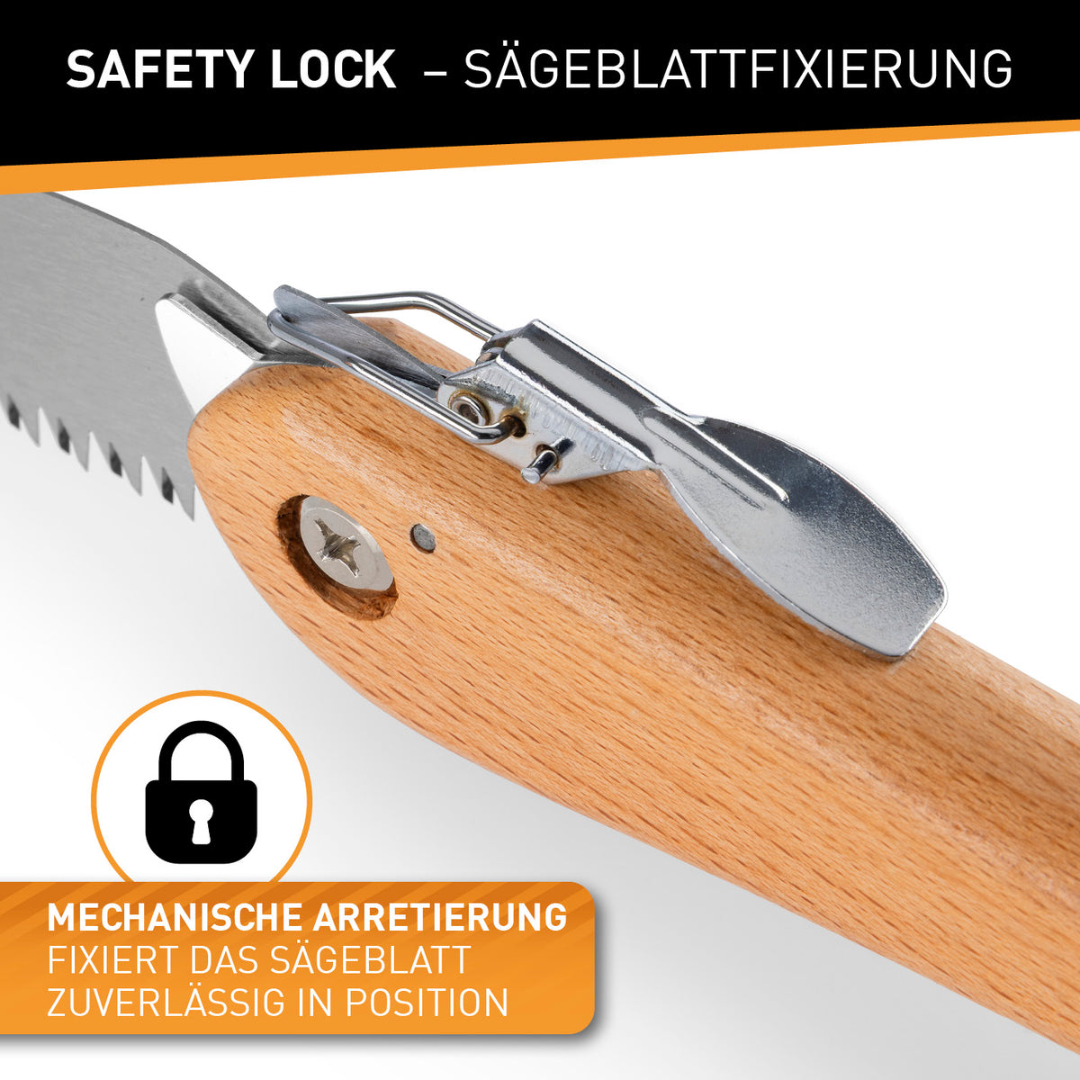 Klappbare Handsäge aus Karbonstahl - 21 cm mit Safety Lock für sichere mechanische Arretierung des Sägeblatts beim Schneiden.