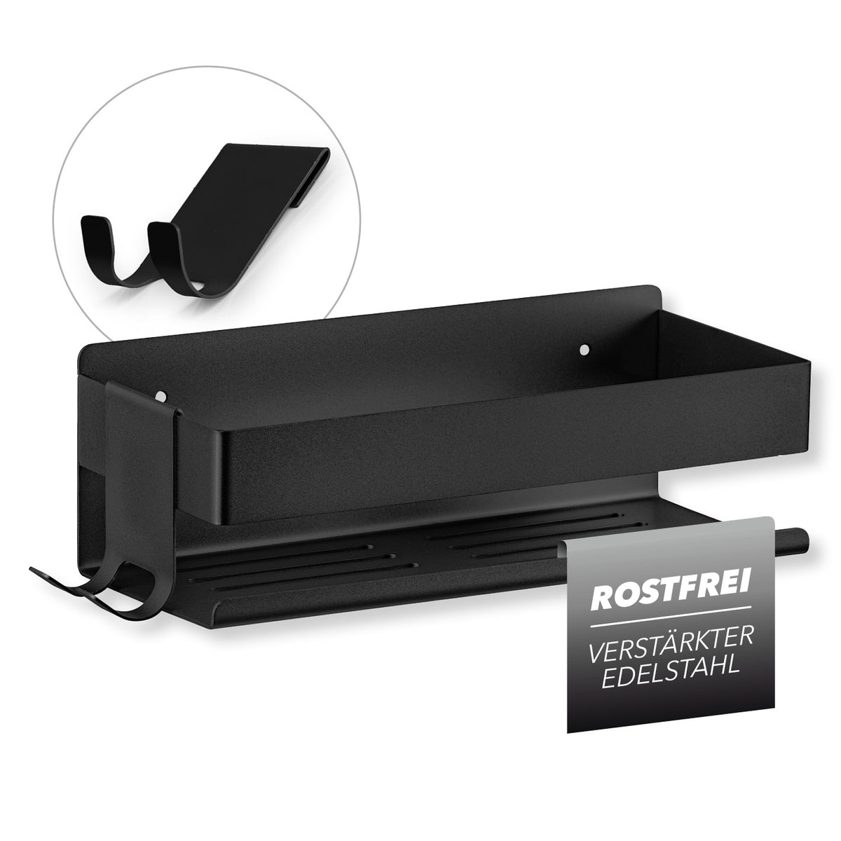Dusch-Organizer zum Kleben oder Bohren - Schwarz, rostfreier Edelstahl, mit Hakenleiste und optimalem Wasserablauf, platzsparend und robust.