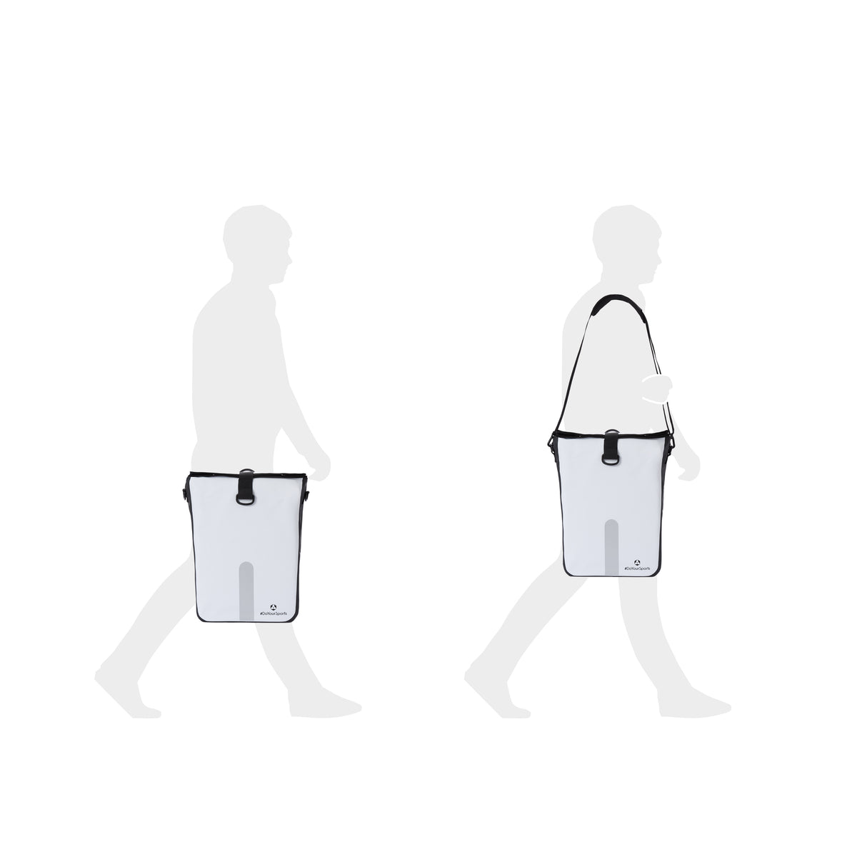 Wasserdichte Fahrradtasche Roll-Top - 21 L - Weiß als 3-in-1 Tasche mit reflektierendem Material und verstellbarem Tragegriff.