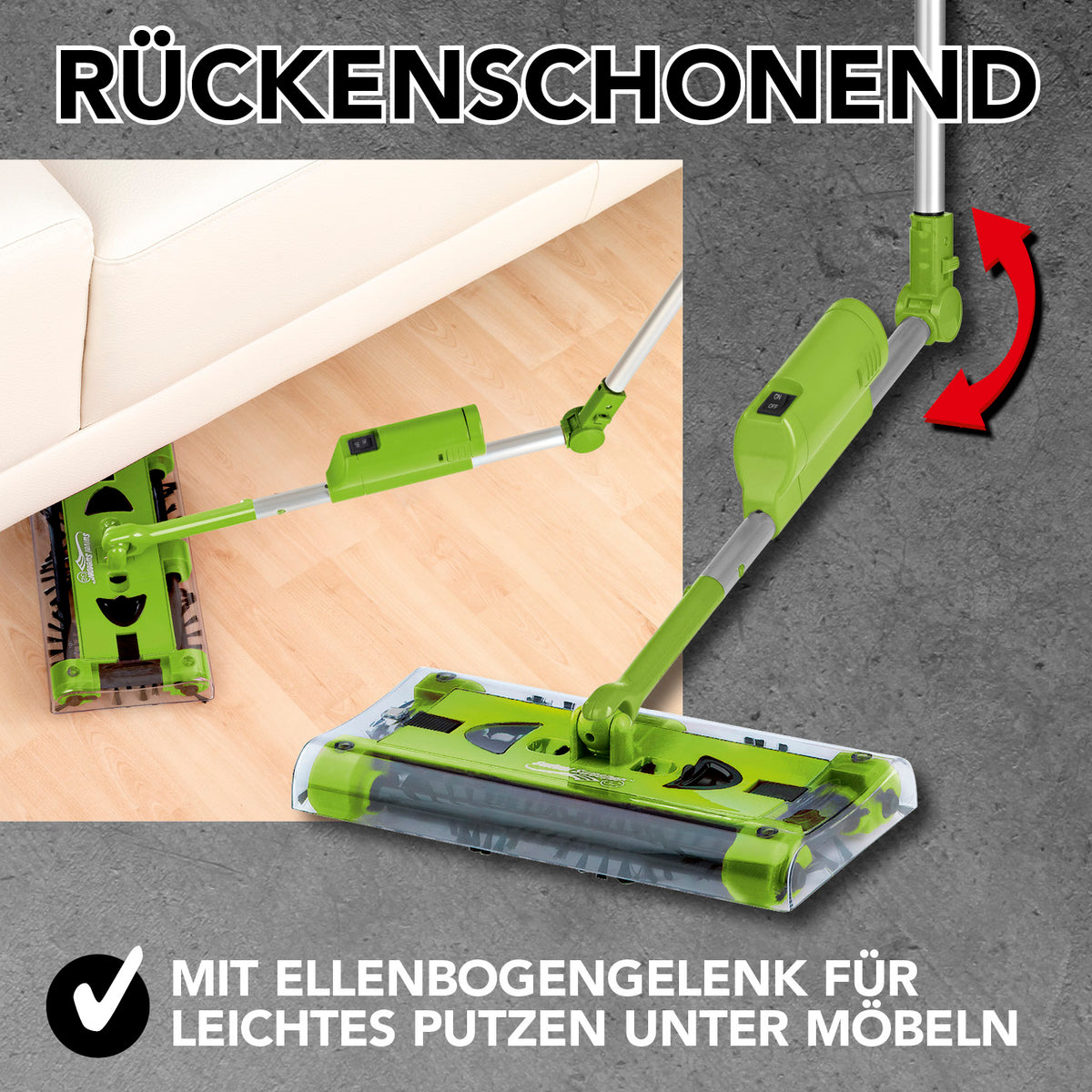 Akku-Besen Swivel Sweeper G2 + Ersatz-Akku limegreen mit rückenschonendem Ellenbogengelenk für einfaches Putzen unter Möbeln.
