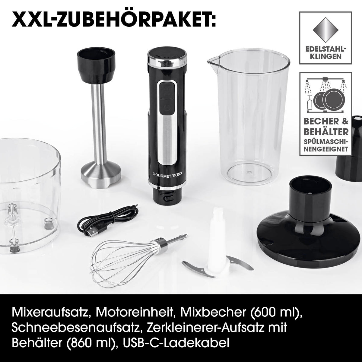 Akku-Stabmixer mit XL-Zubehör-Set mit Mixbecher, Schneebesen, Zerkleinerer, USB-C-Ladekabel und Edelstahlklingen, spülmaschinengeeignet.