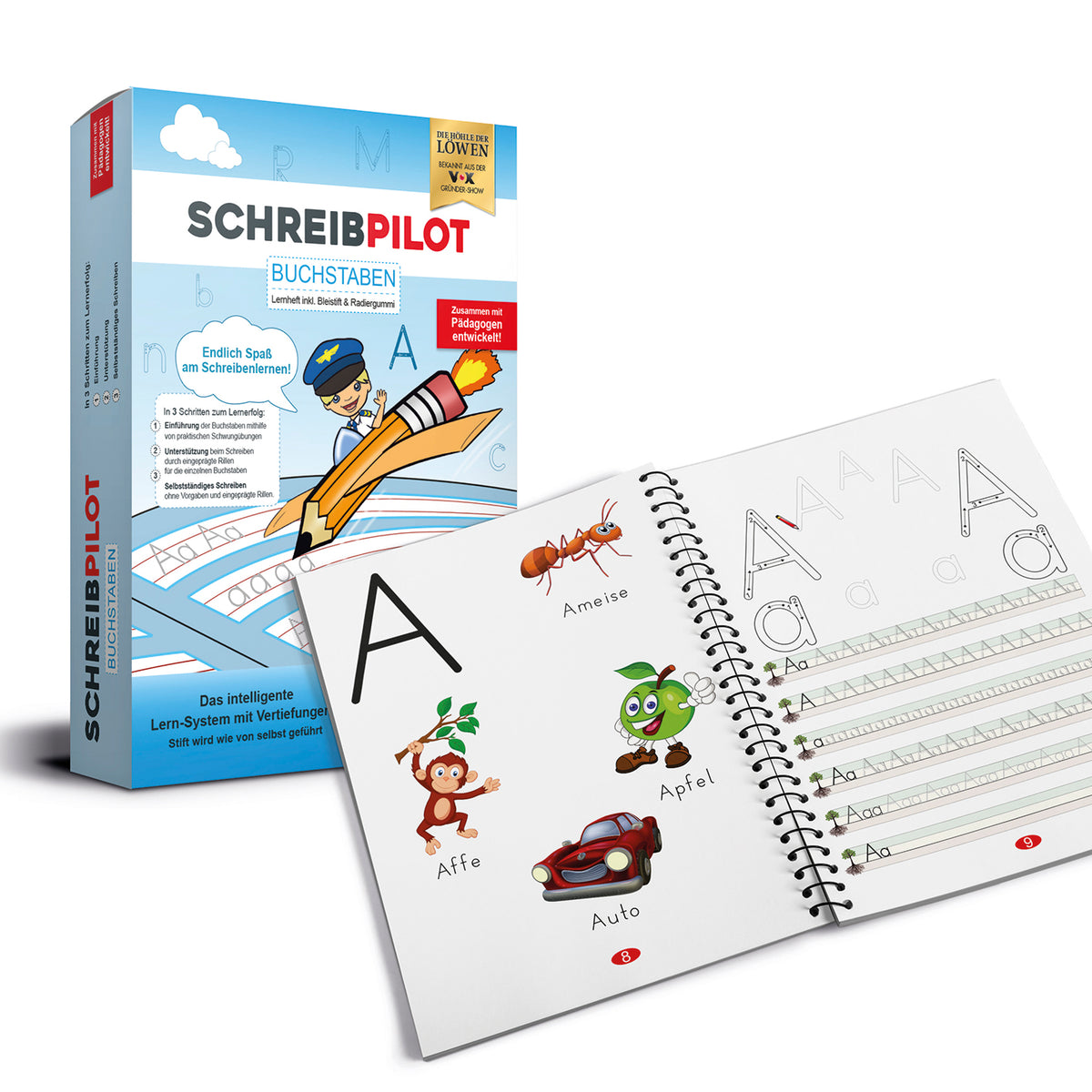 Heft Buchstaben mit Bleistift/Radiergummi - DIN-A4 Lernsystem mit Rillen, Schwungübungen und kindgerechten Anlaut-Illustrationen für flüssiges Schreiben.