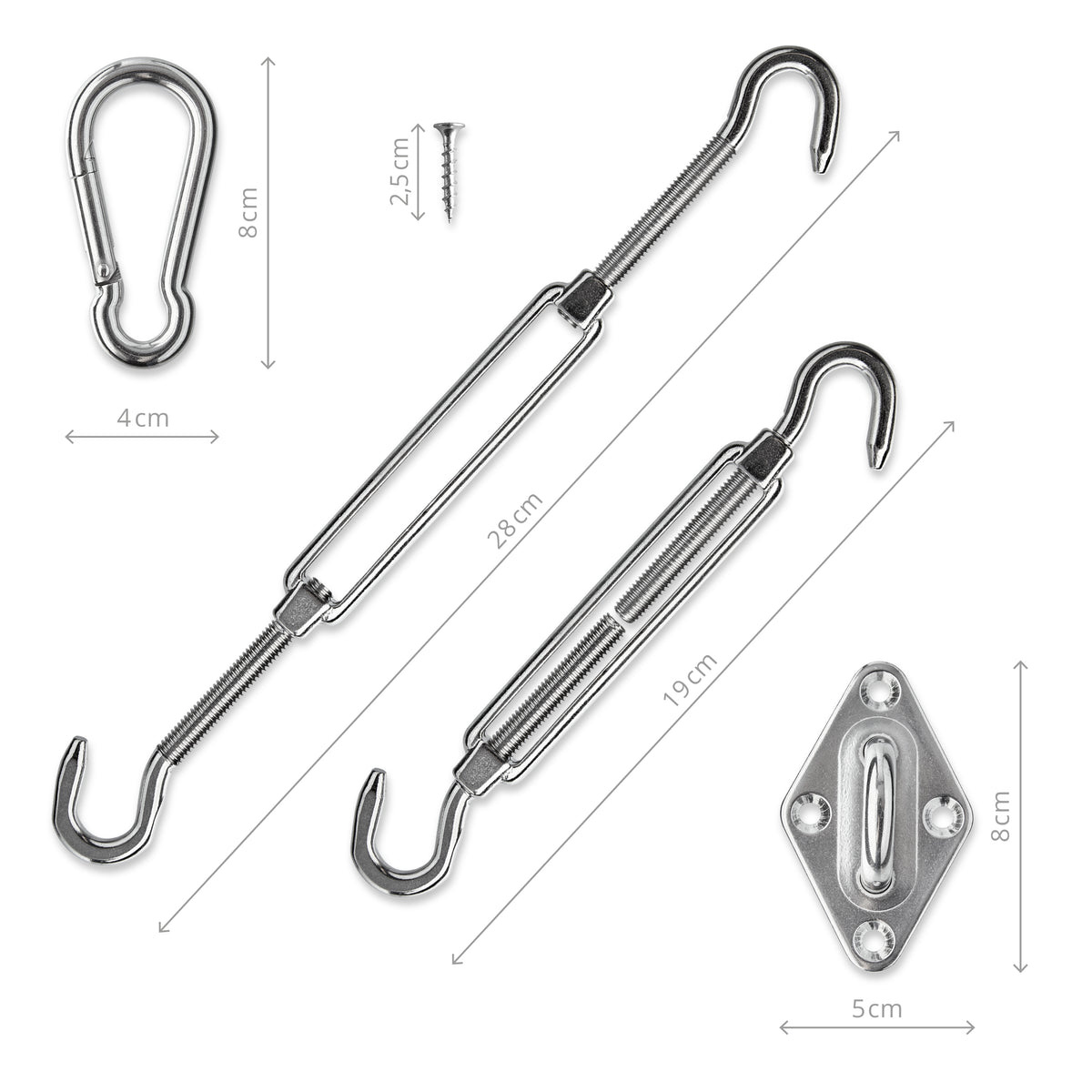Befestigungsset - Fixierungsset für Sonnensegel aus rostfreiem Edelstahl mit Karabiner, Spannschlössern und Wandhalterungen.