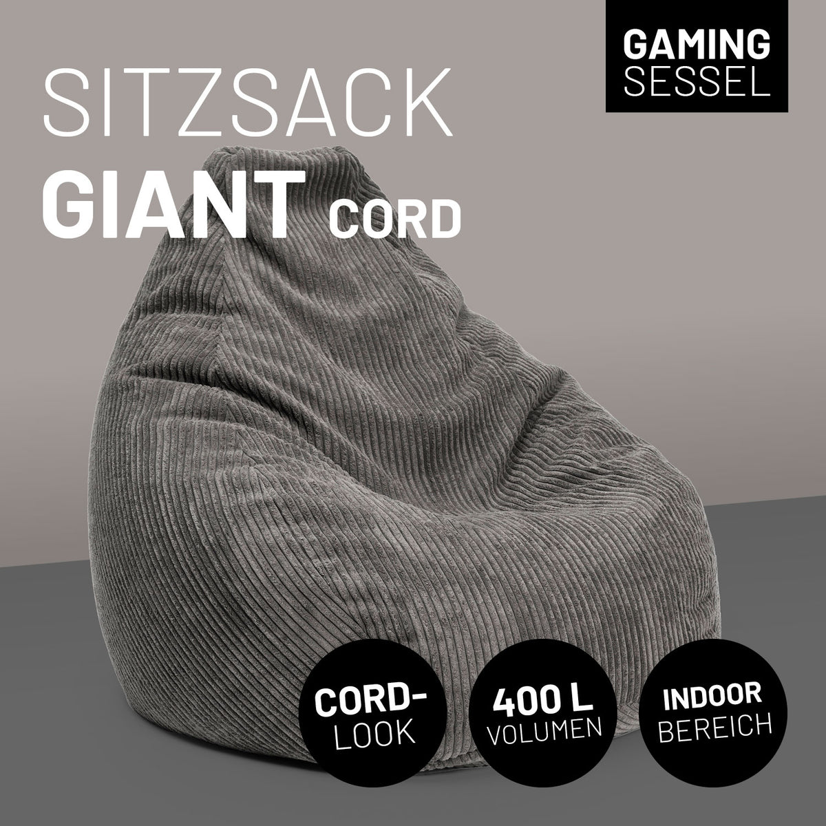 Sitzsack GIANT aus der Cord-Reihe - Grau, großer 400L Volumen, gemütlicher Cord-Look ideal für den Indoor-Bereich.