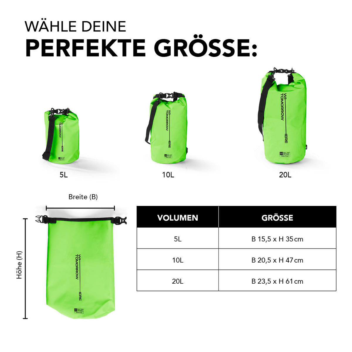 Dry Bag 5L - Style 02 - Grün in drei Größen, wasserfest mit Rolltop-Verschluss, ideal für Outdoor-Abenteuer und sicheren Schutz.