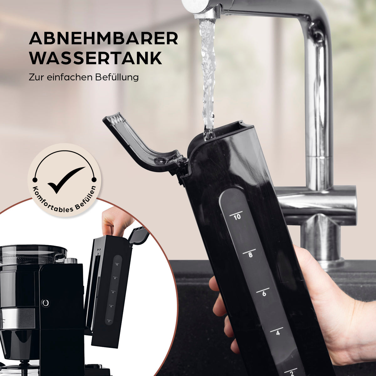 Filterkaffeemaschine Grind mit abnehmbarem Wassertank für einfaches Befüllen und komfortables Kaffeekochen.